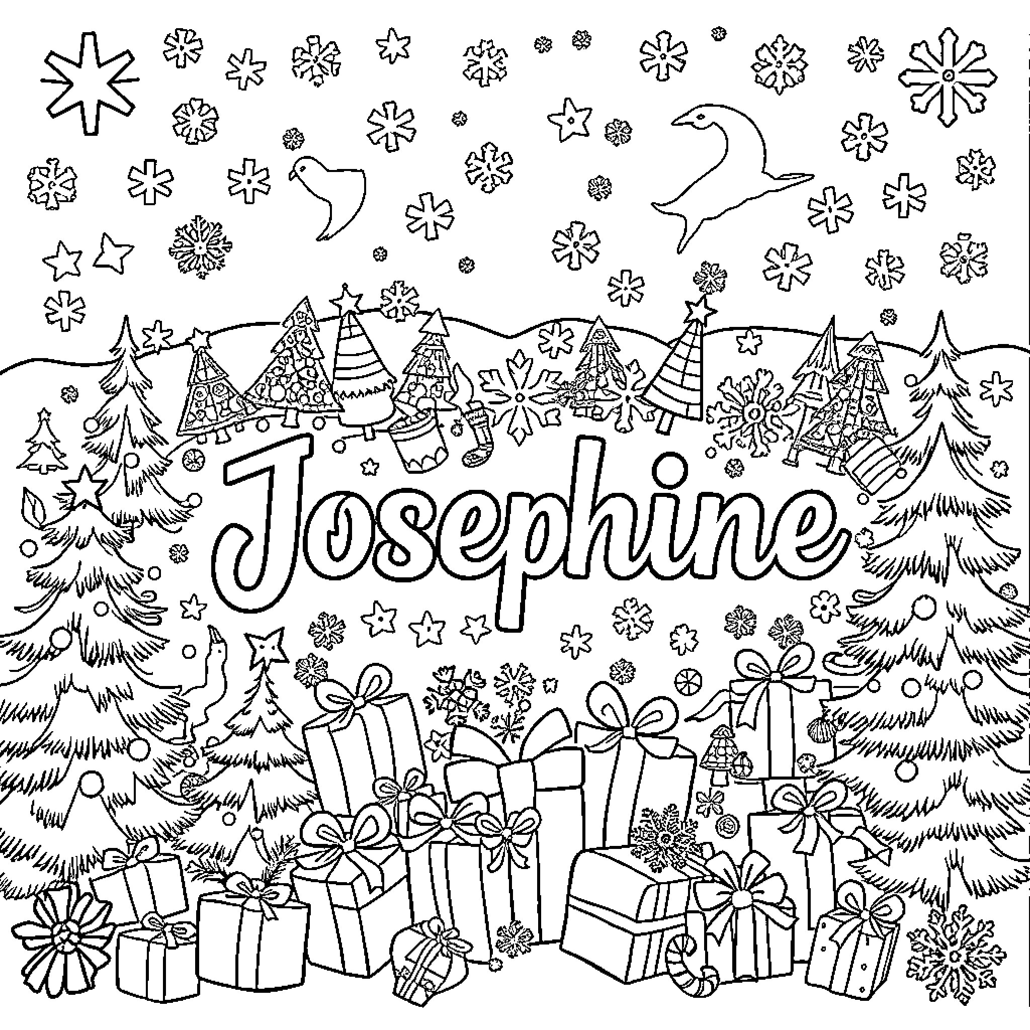 Christmas celebration with festive decorations and gifts Coloring Page (free black-and-white line drawing printable PDF for all, from beginners to advanced learners, including children, teens, adults, and seniors)