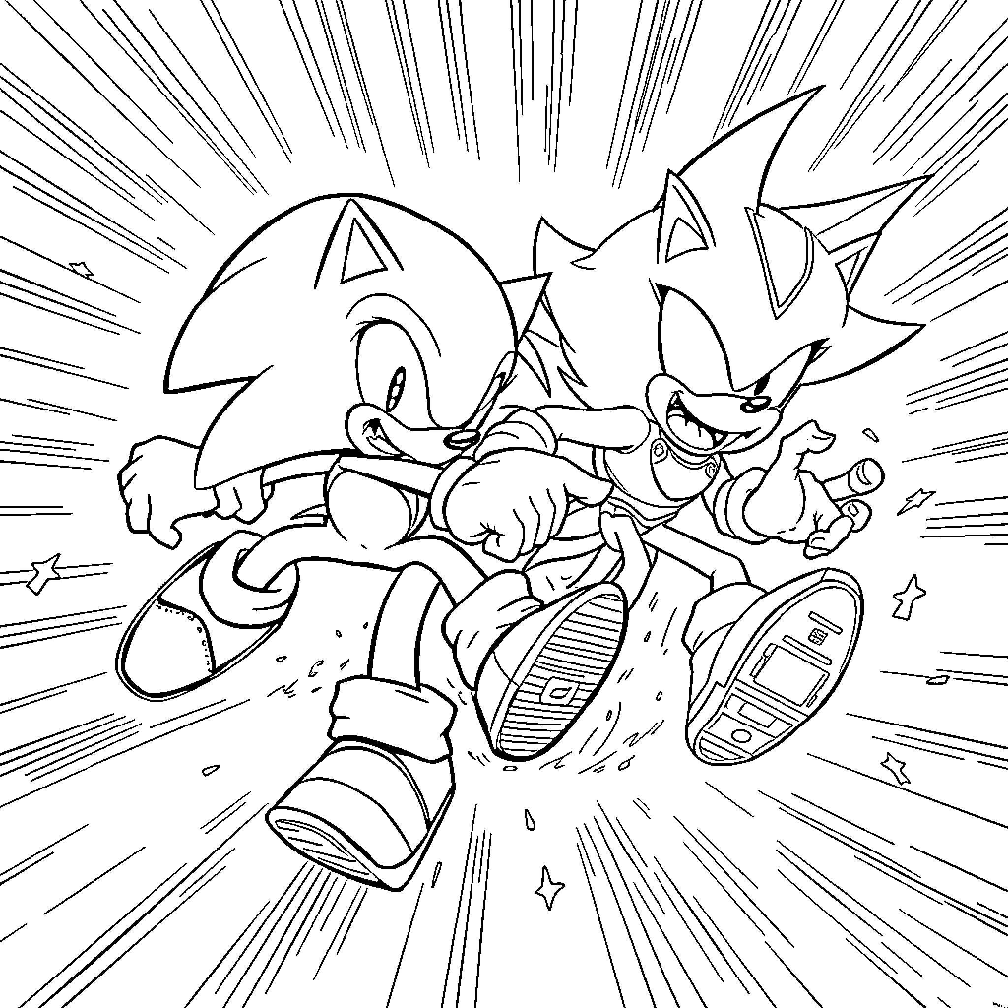 Sonic characters engaged in dynamic action Coloring Page (free black-and-white line drawing printable PDF for all, from beginners to advanced learners, including children, teens, adults, and seniors)