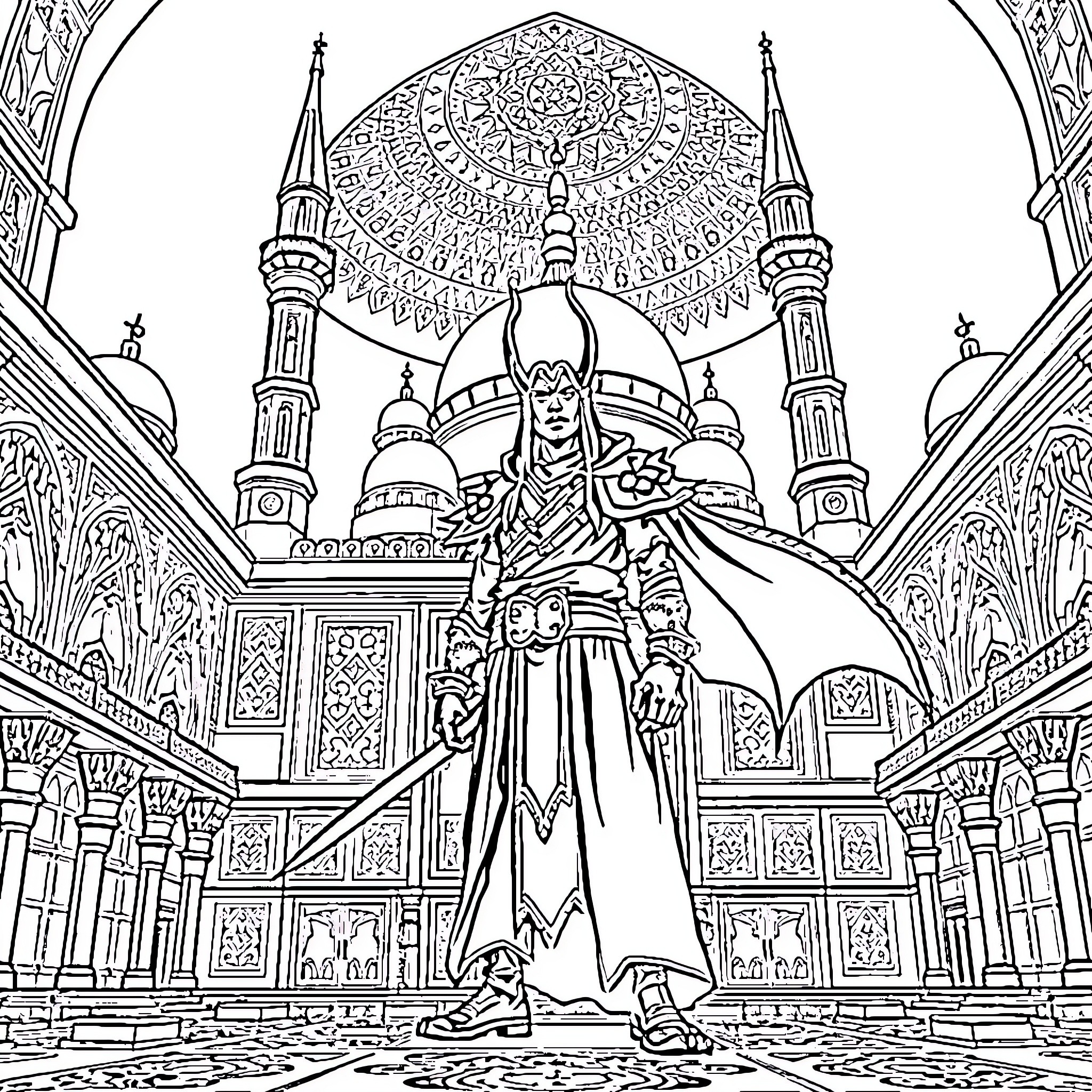 Tanjiro stands resolute in an ornate palace Coloring Page (free black-and-white line drawing printable PDF for all, from beginners to advanced learners, including children, teens, adults, and seniors)