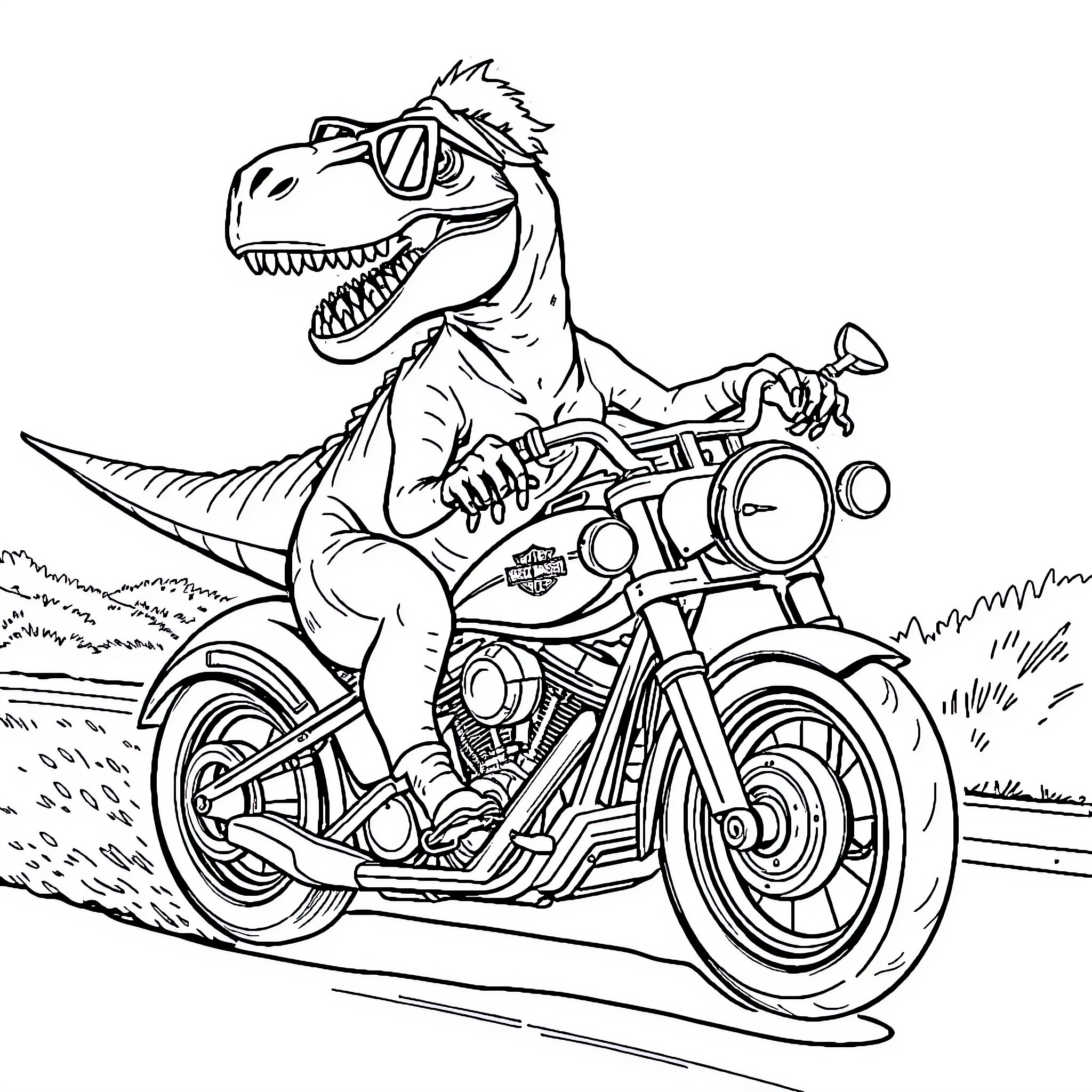 Velociraptor riding a motorcycle through the countryside Coloring Page (free black-and-white line drawing printable PDF for all, from beginners to advanced learners, including children, teens, adults, and seniors)