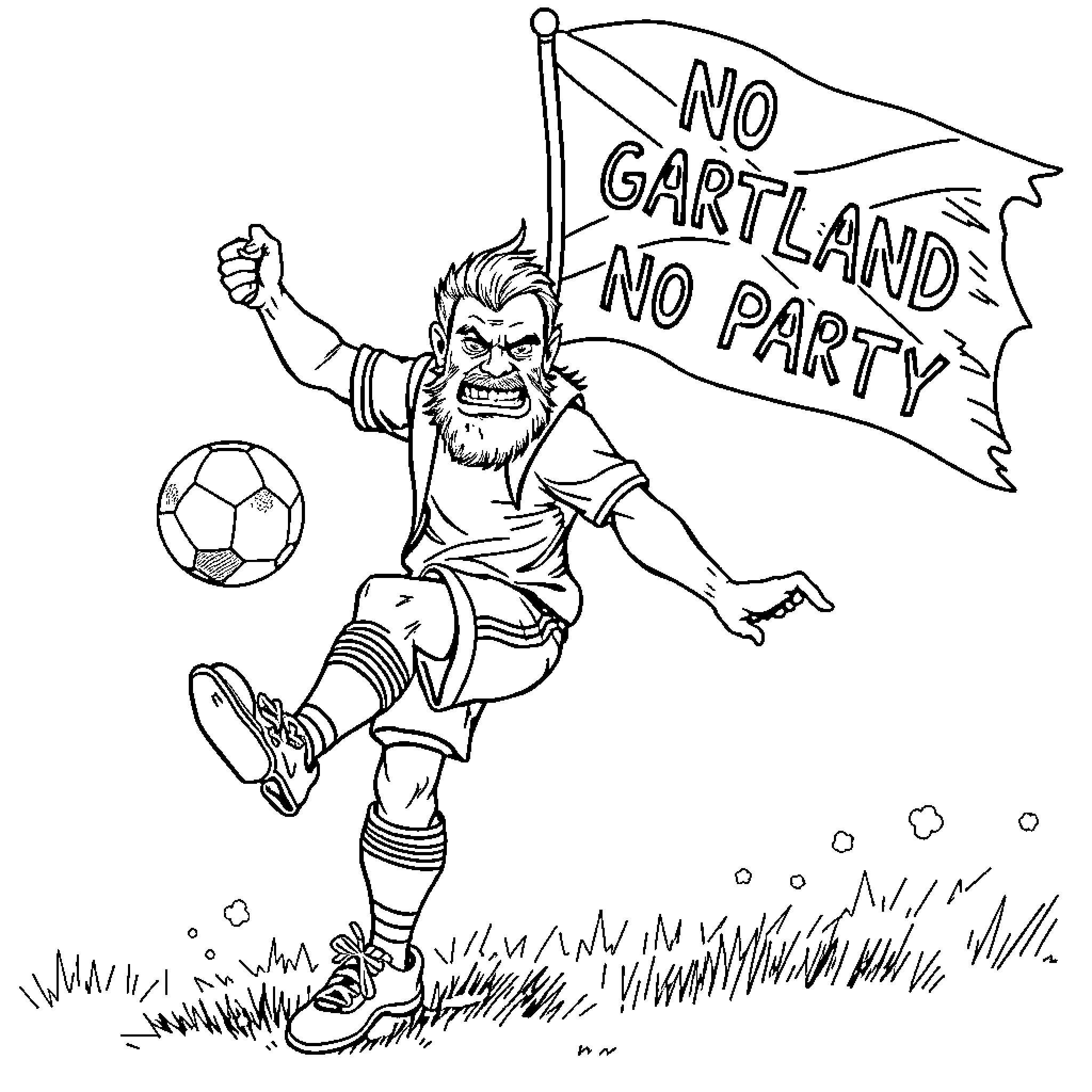 Scotsman protesting with soccer ball and flag Coloring Page (free black-and-white line drawing printable PDF for all, from beginners to advanced learners, including children, teens, adults, and seniors)