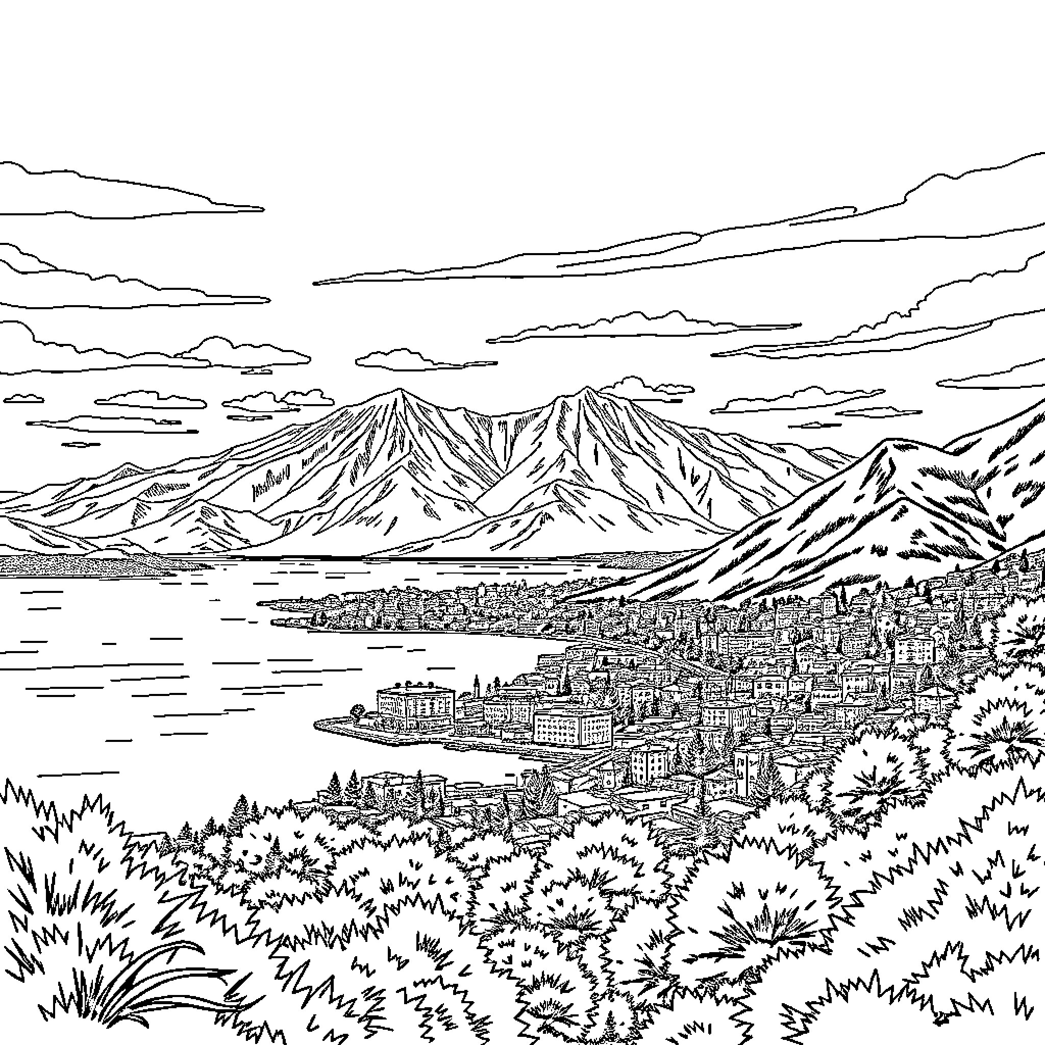 City nestled among majestic mountains and lakeside scenery Coloring Page (free black-and-white line drawing printable PDF for all, from beginners to advanced learners, including children, teens, adults, and seniors)