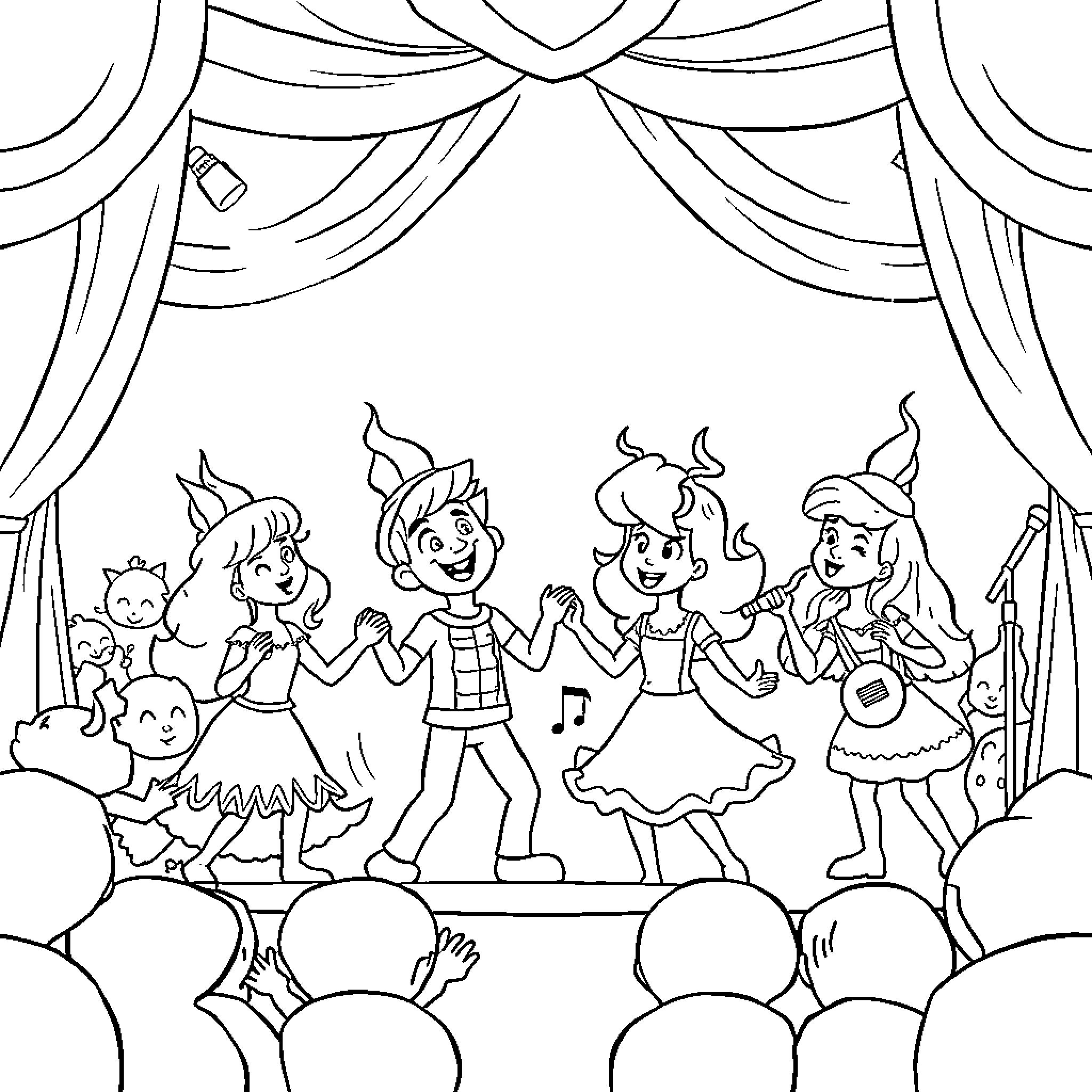 Firebuds performing on stage with fun characters Coloring Page (free black-and-white line drawing printable PDF for all, from beginners to advanced learners, including children, teens, adults, and seniors)