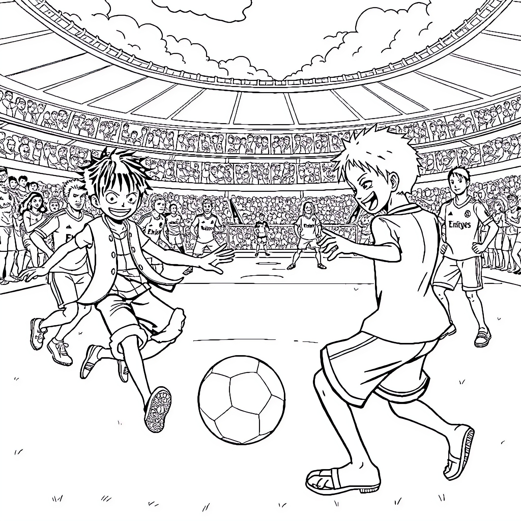 Sanji's Fútbol Showdown in the Stadium Coloring Page (free black-and-white line drawing printable PDF for all, from beginners to advanced learners, including children, teens, adults, and seniors)