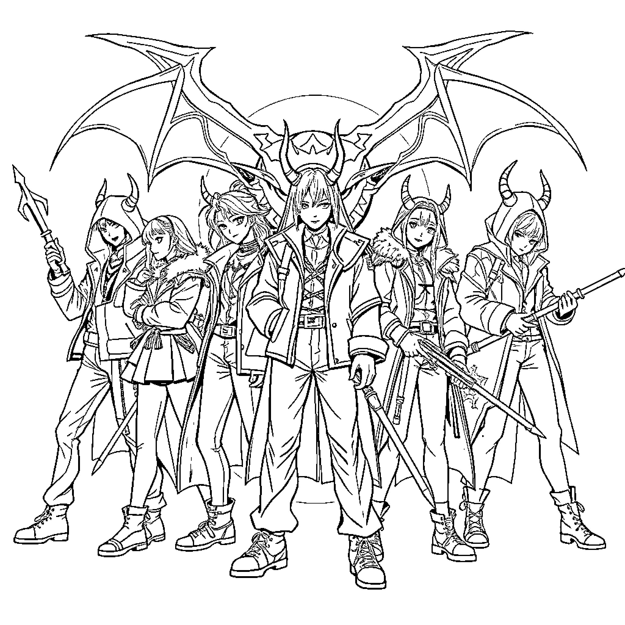 Demon Hunter Squad Geared for Action Coloring Page (free black-and-white line drawing printable PDF for all, from beginners to advanced learners, including children, teens, adults, and seniors)