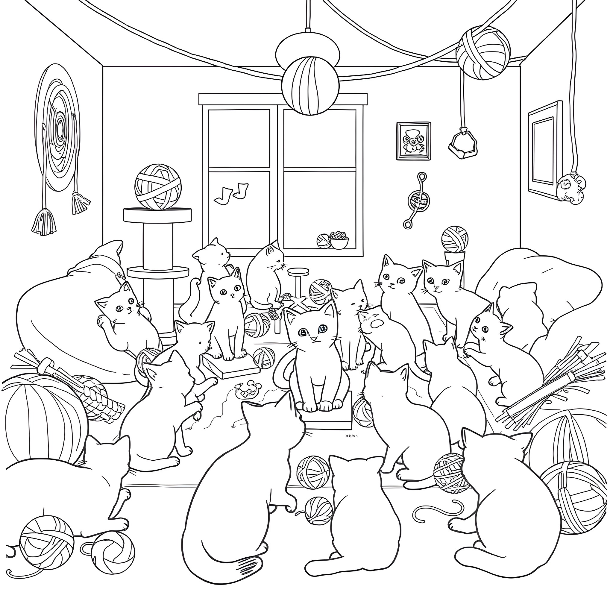 Kitty playing and exploring in a cozy room Coloring Page (free black-and-white line drawing printable PDF for all, from beginners to advanced learners, including children, teens, adults, and seniors)