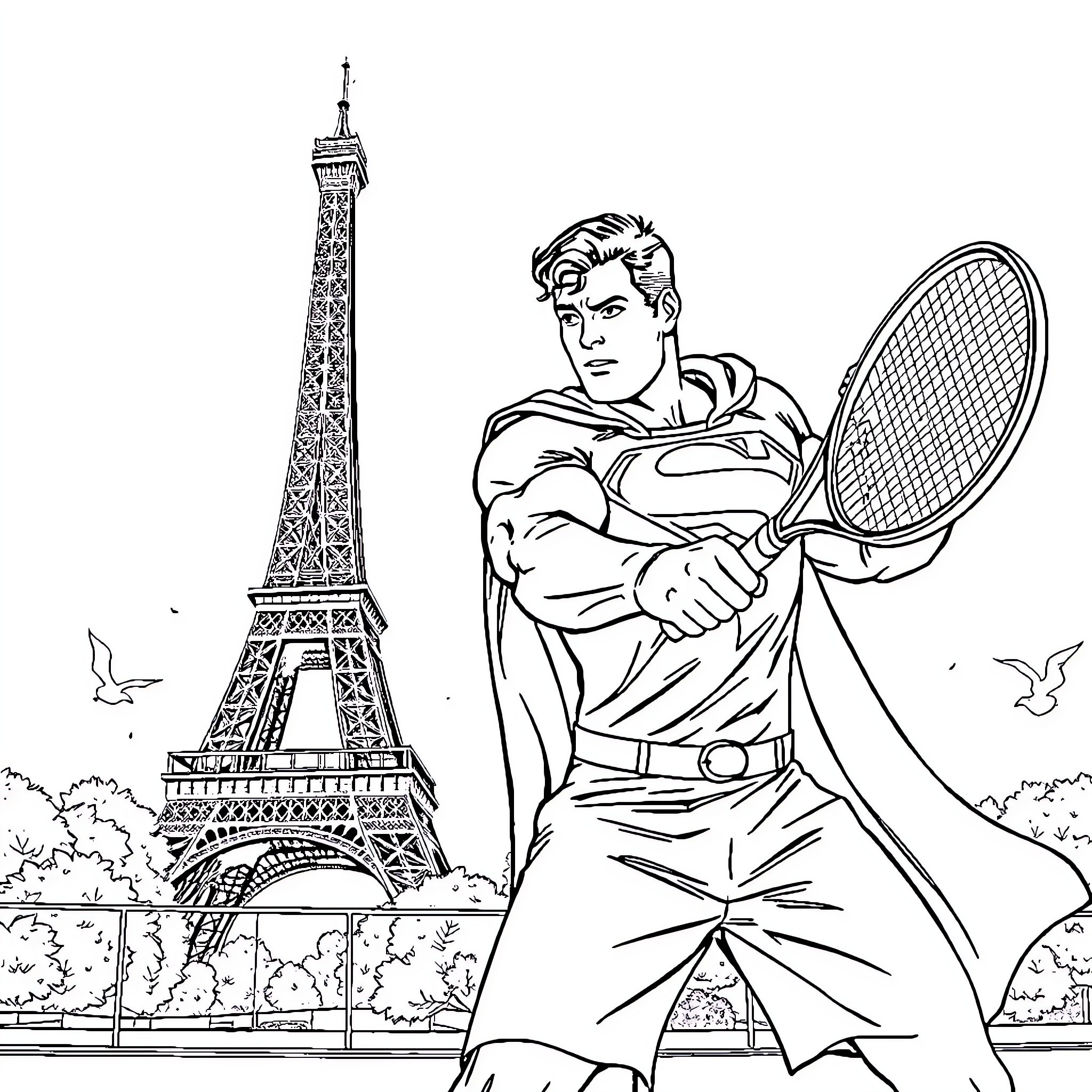 Superman plays tennis in Paris Coloring Page (free black-and-white line drawing printable PDF for all, from beginners to advanced learners, including children, teens, adults, and seniors)