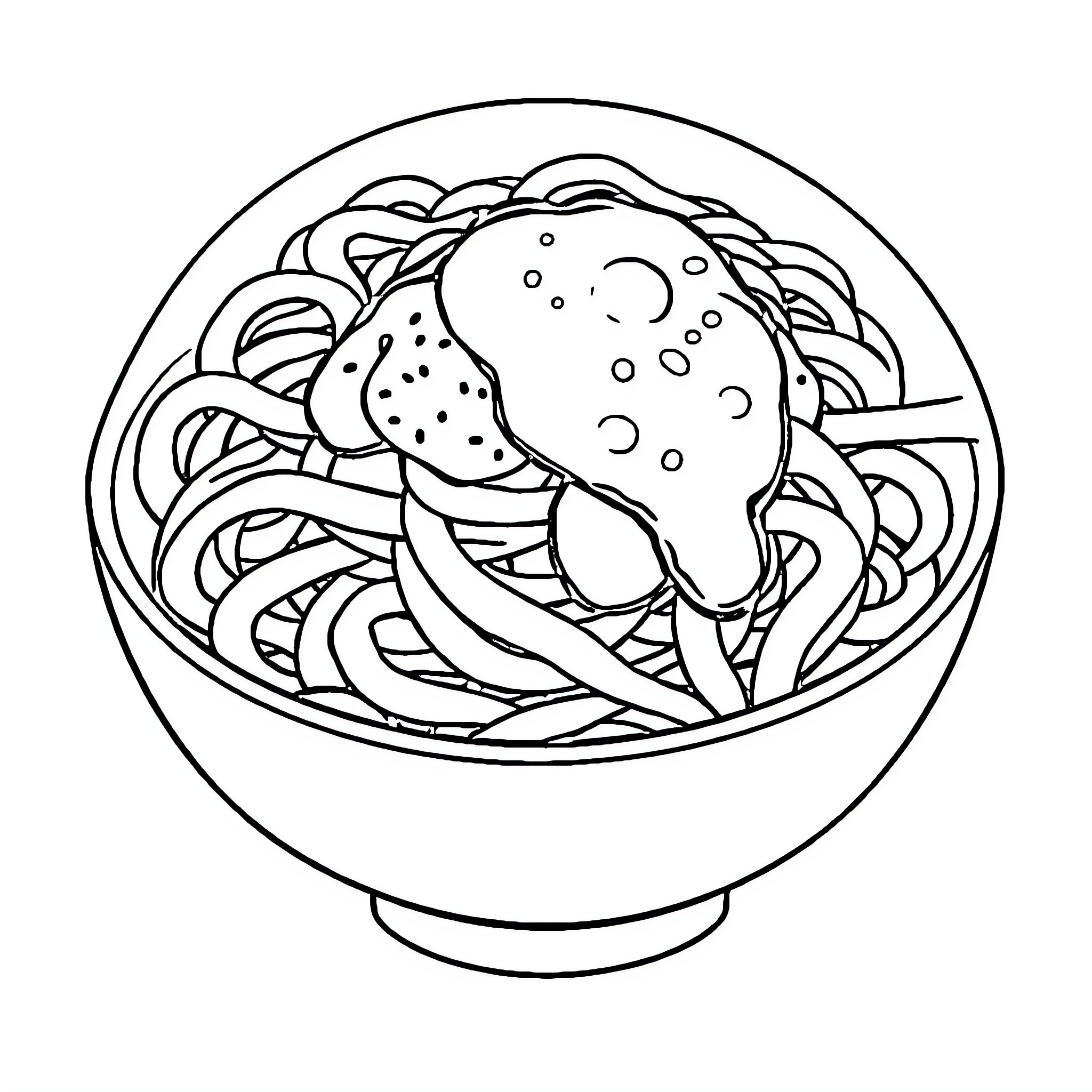 Pasta dish with playful ingredients Coloring Page (free black-and-white line drawing printable PDF for all, from beginners to advanced learners, including children, teens, adults, and seniors)