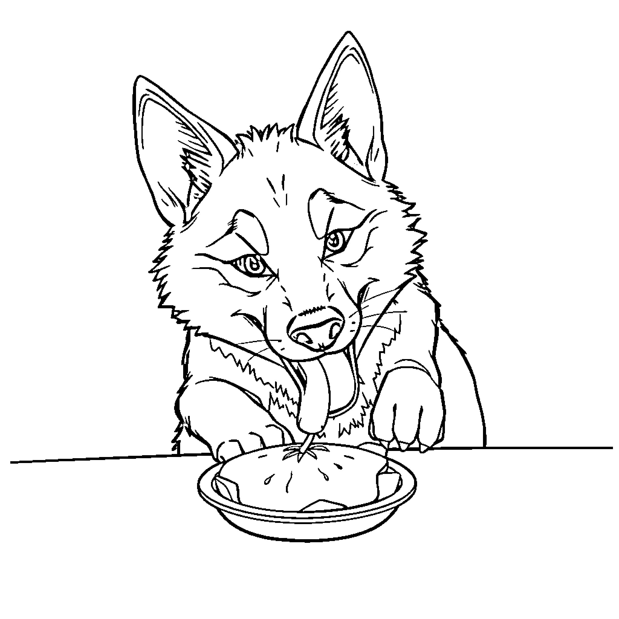 Dingo enjoying a tasty meal Coloring Page (free black-and-white line drawing printable PDF for all, from beginners to advanced learners, including children, teens, adults, and seniors)
