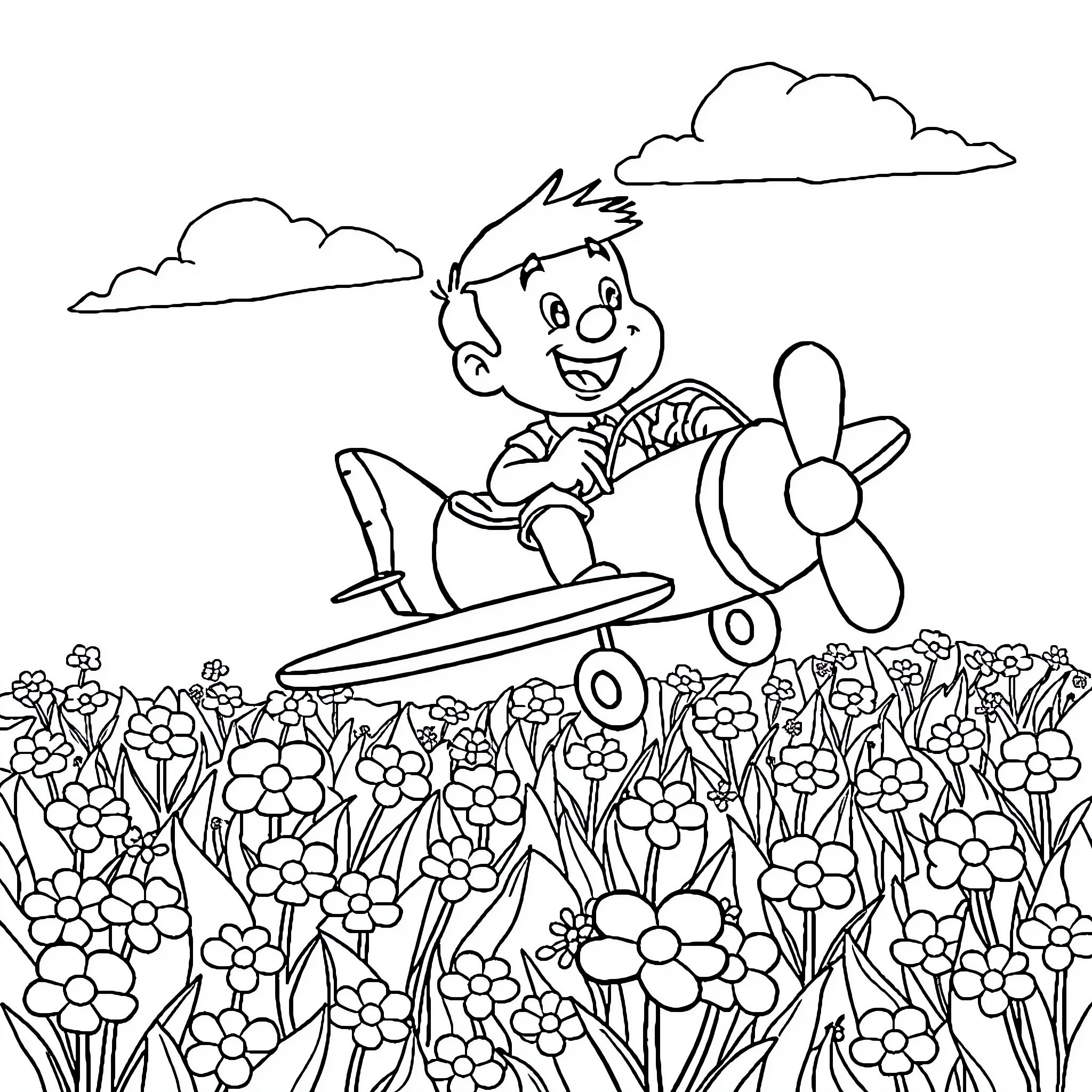 El Chavo Playing Happily in a Flower-Filled Field Coloring Page (free black-and-white line drawing printable PDF for all, from beginners to advanced learners, including children, teens, adults, and seniors)