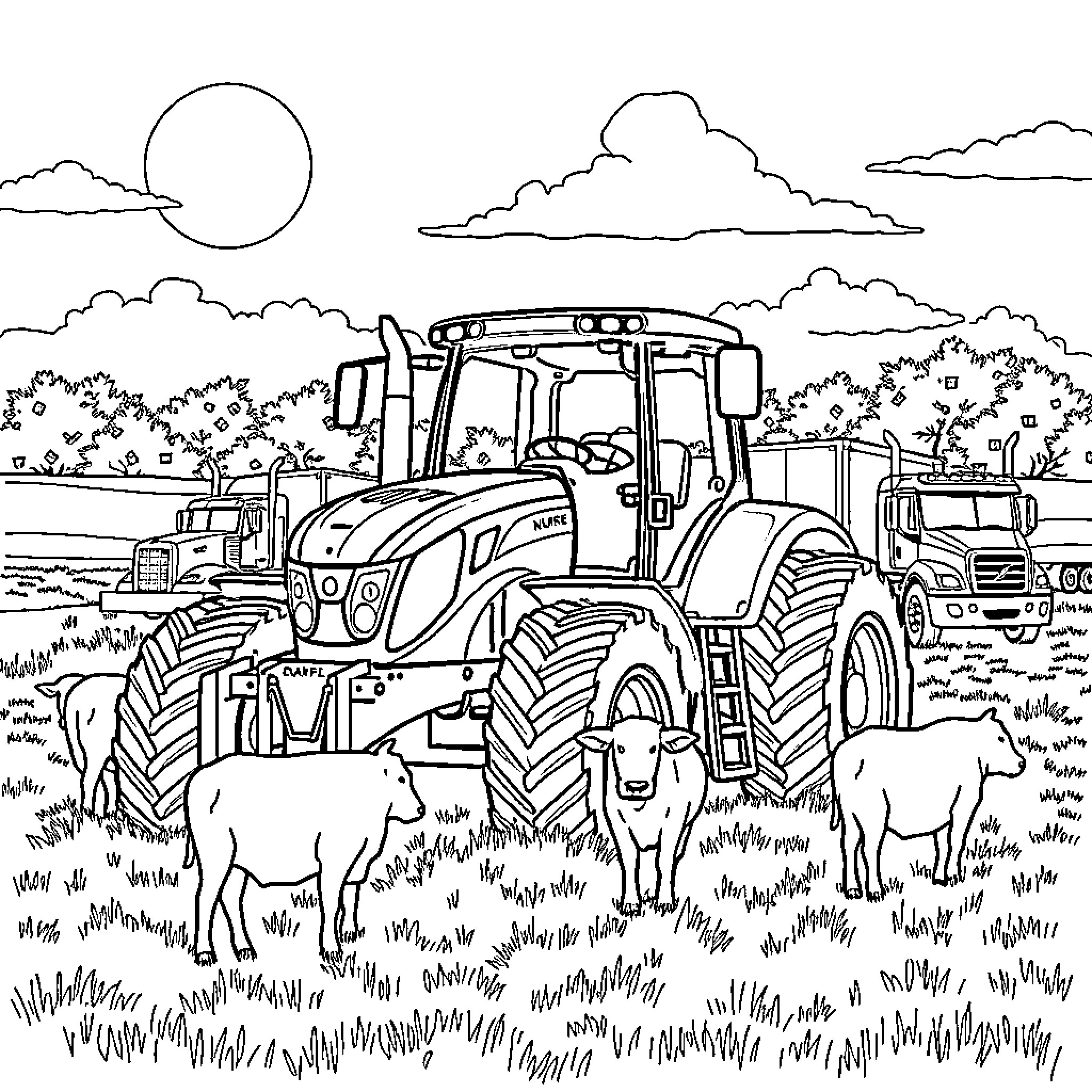 Tractor working in the rural countryside Coloring Page (free black-and-white line drawing printable PDF for all, from beginners to advanced learners, including children, teens, adults, and seniors)