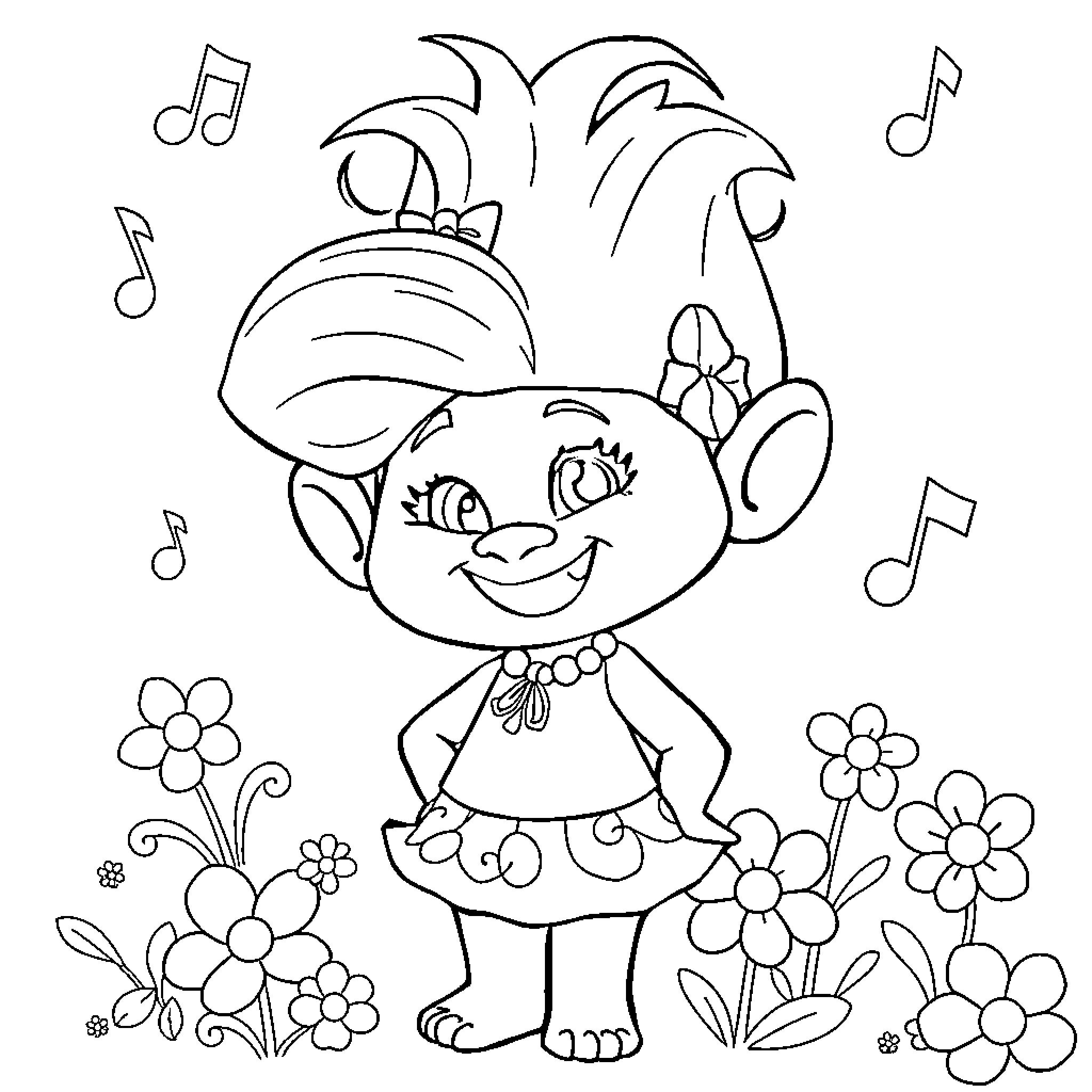 Poppy dancing joyfully with music notes Coloring Page (free black-and-white line drawing printable PDF for all, from beginners to advanced learners, including children, teens, adults, and seniors)