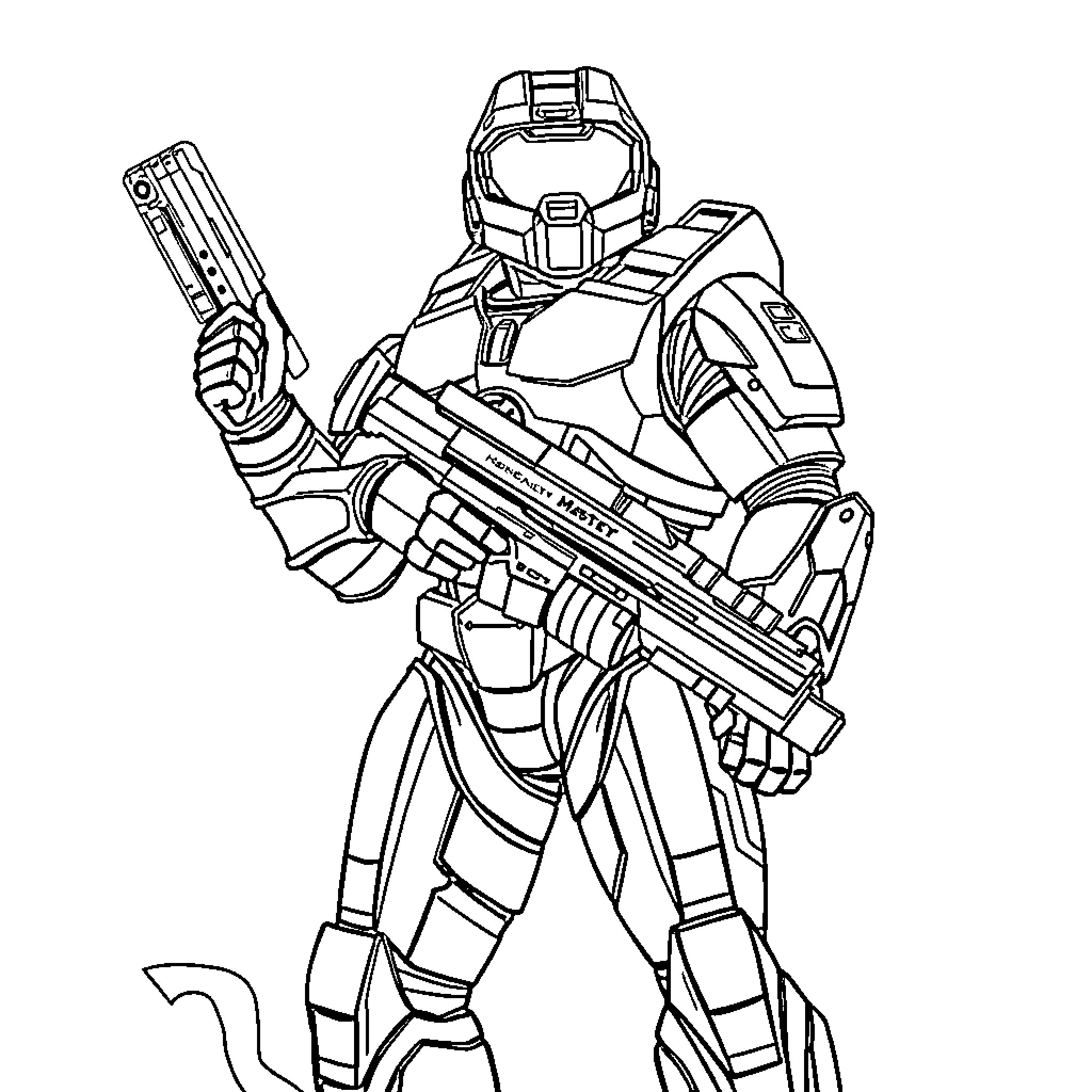 Master Chief in Combat Stance with Firearm Coloring Page (free black-and-white line drawing printable PDF for all, from beginners to advanced learners, including children, teens, adults, and seniors)