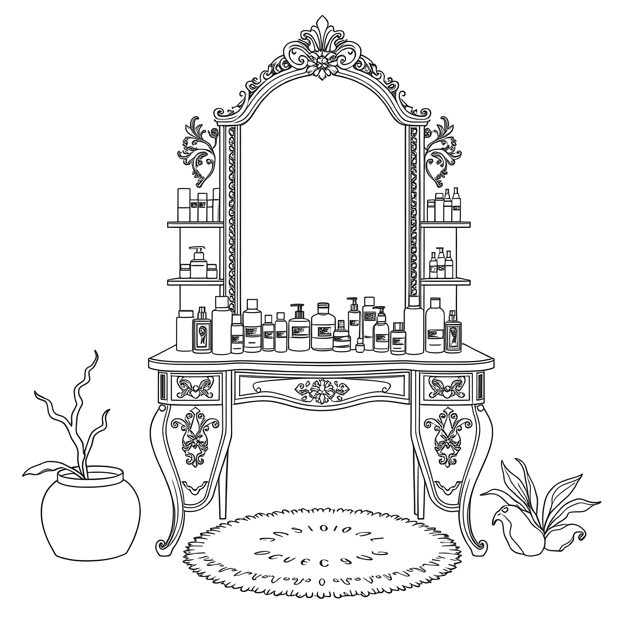 Vanity of a Well-Adorned Dressing Table Coloring Page (free black-and-white line drawing printable PDF for all, from beginners to advanced learners, including children, teens, adults, and seniors)