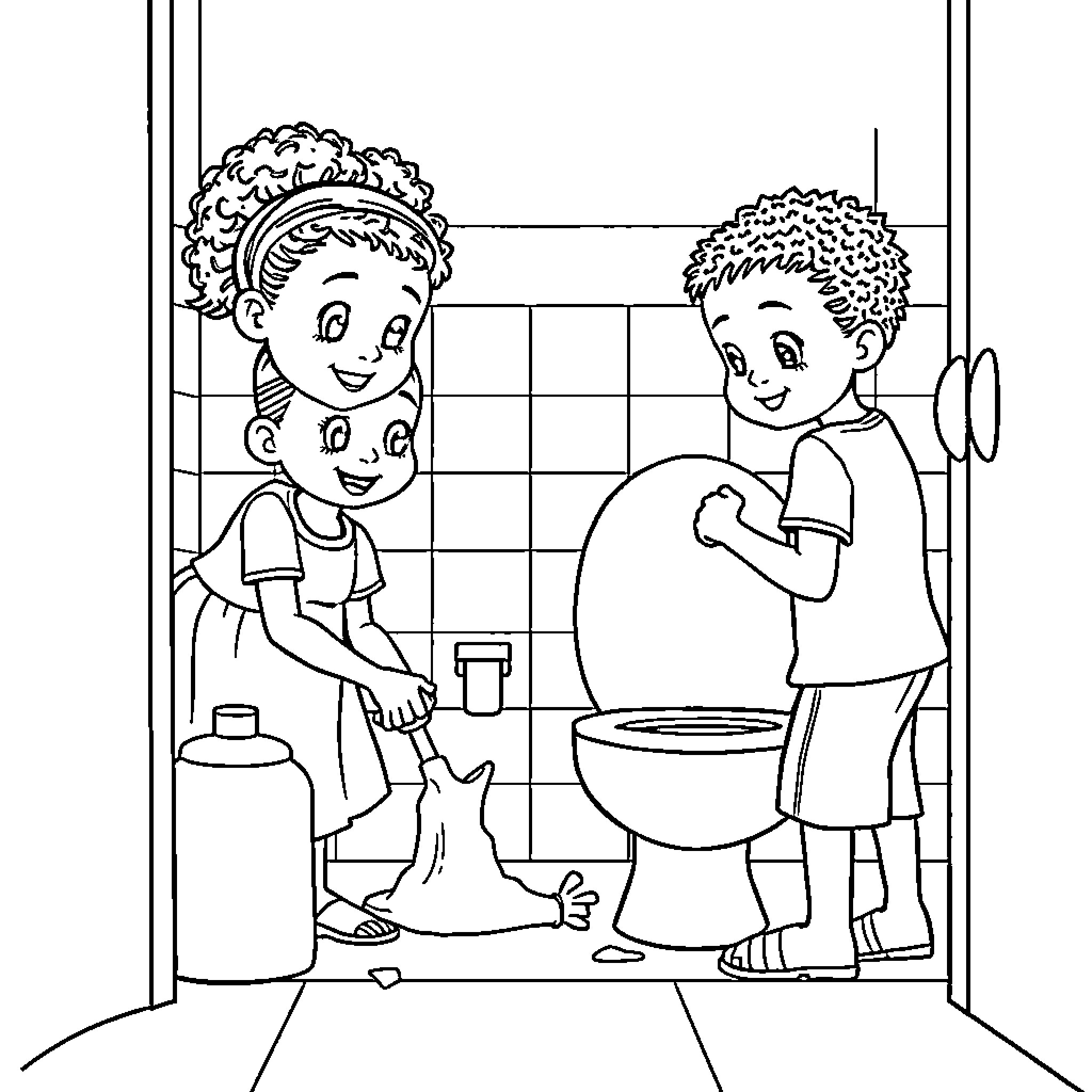 Child Siblings Helping Each Other in the Bathroom Coloring Page (free black-and-white line drawing printable PDF for all, from beginners to advanced learners, including children, teens, adults, and seniors)