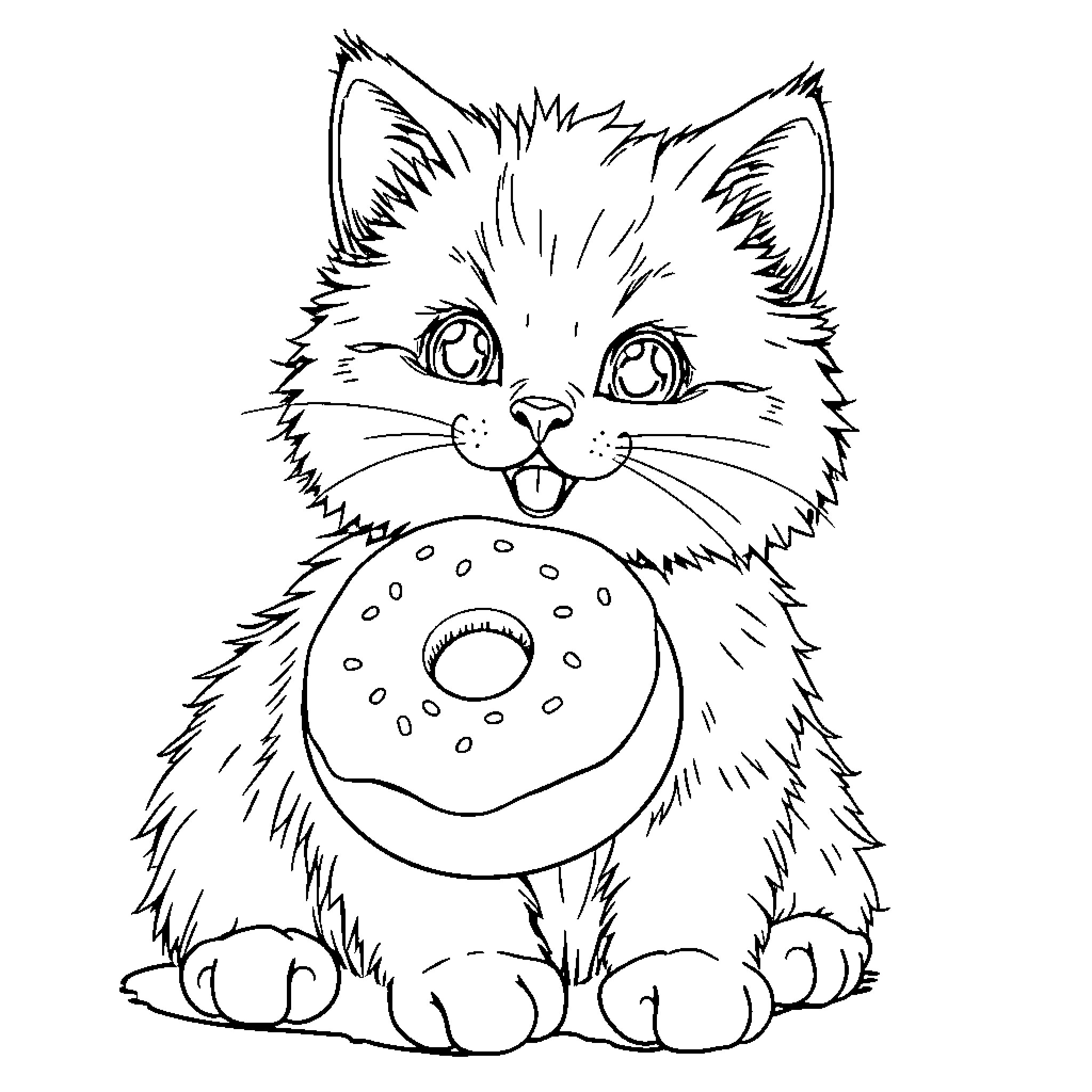 Cat savoring a doughnut Coloring Page (free black-and-white line drawing printable PDF for all, from beginners to advanced learners, including children, teens, adults, and seniors)