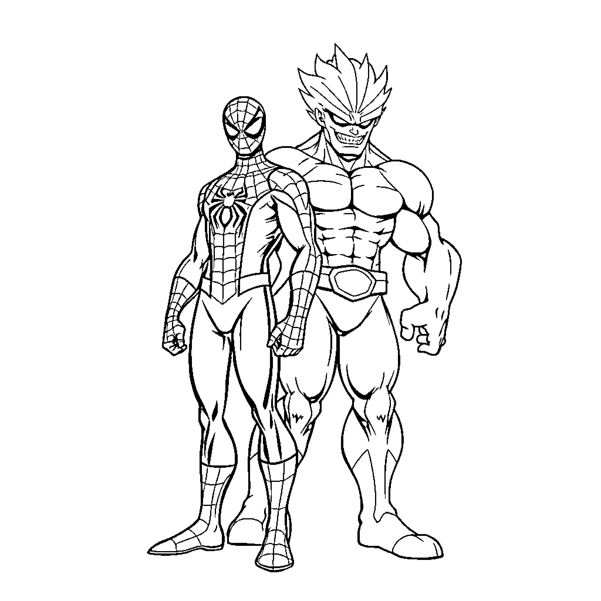 Spiderman and Supervillain Standing Heroically Coloring Page (free black-and-white line drawing printable PDF for all, from beginners to advanced learners, including children, teens, adults, and seniors)