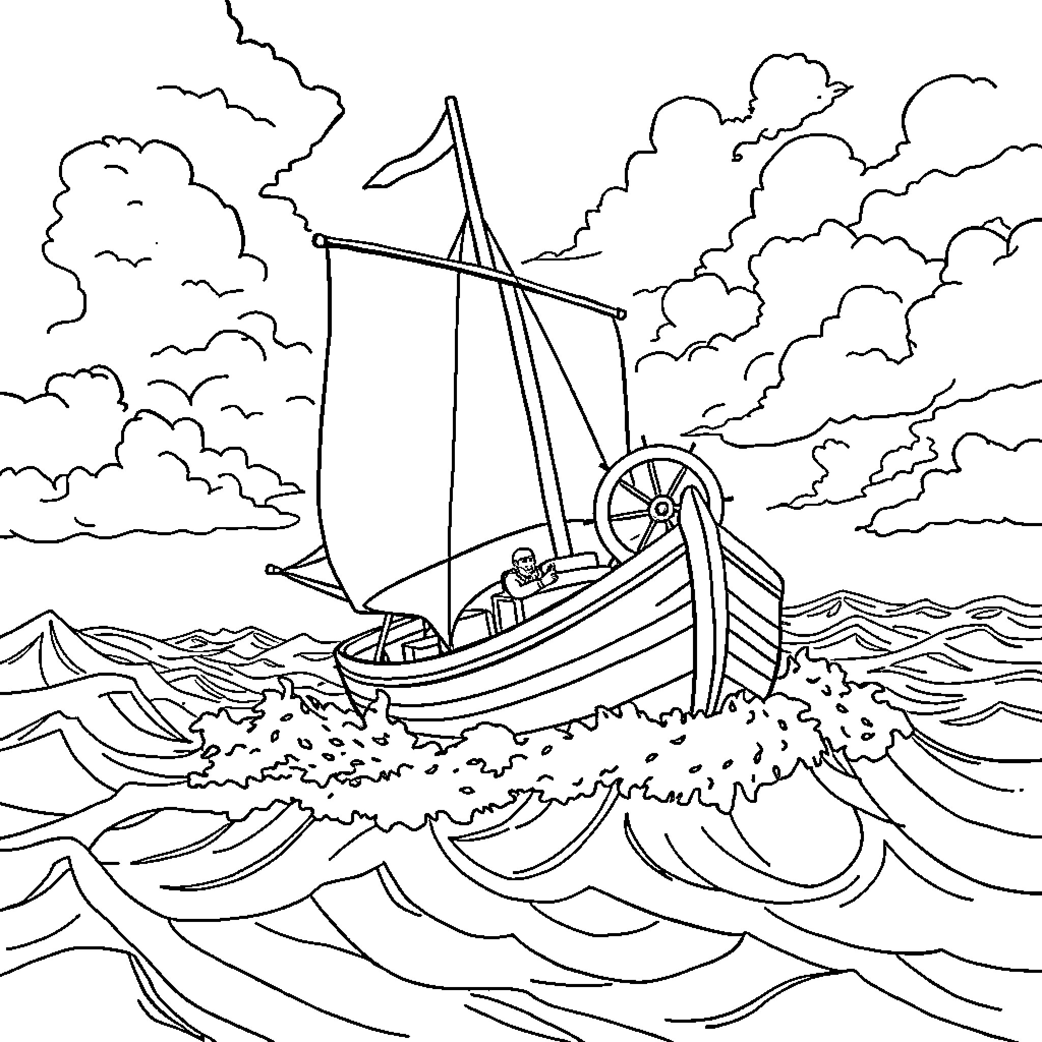 Ship sailing through stormy seas Coloring Page (free black-and-white line drawing printable PDF for all, from beginners to advanced learners, including children, teens, adults, and seniors)