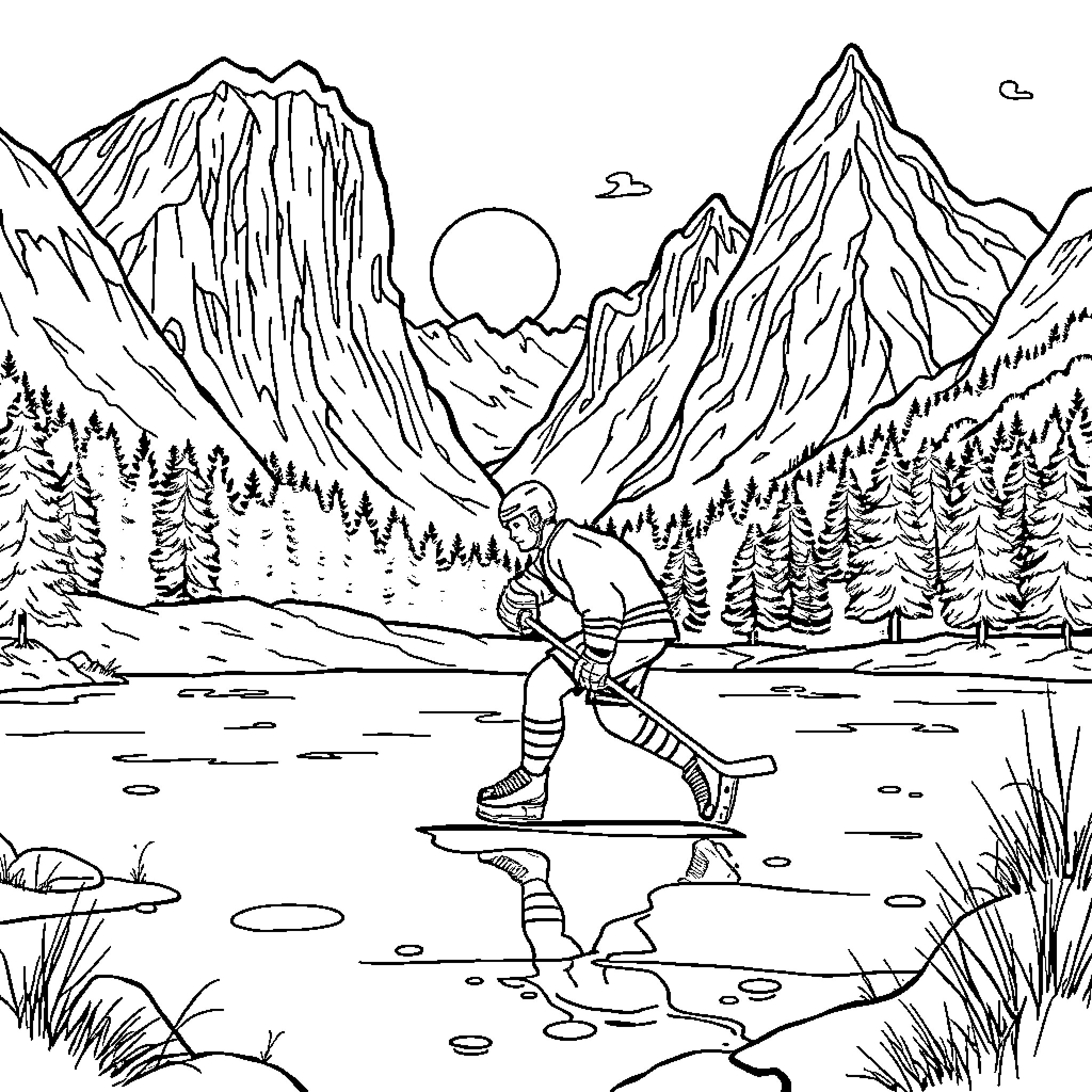 Hockey Player Skating on Frozen Lake with Mountain Scenery Coloring Page (free black-and-white line drawing printable PDF for all, from beginners to advanced learners, including children, teens, adults, and seniors)