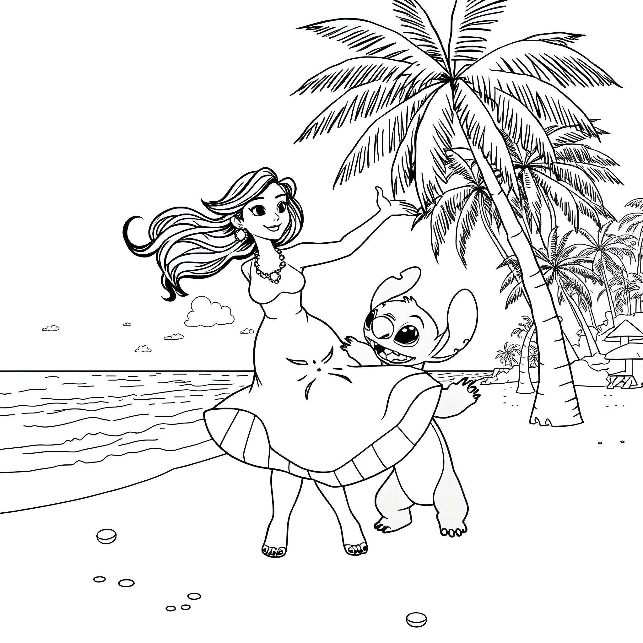 Lilo playing with Stitch on the beach Coloring Page (free black-and-white line drawing printable PDF for all, from beginners to advanced learners, including children, teens, adults, and seniors)