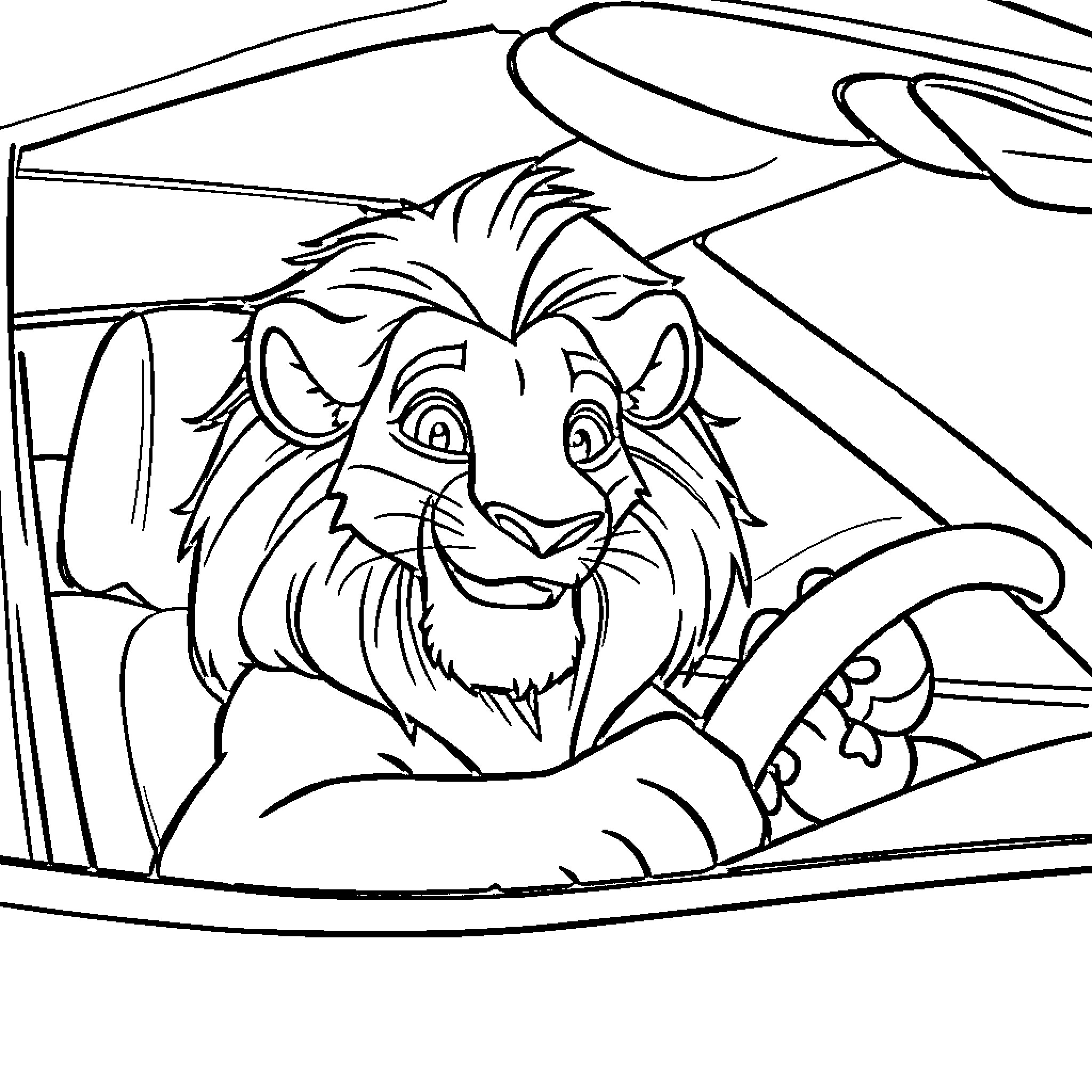 Simba driving a car with a friendly expression Coloring Page (free black-and-white line drawing printable PDF for all, from beginners to advanced learners, including children, teens, adults, and seniors)