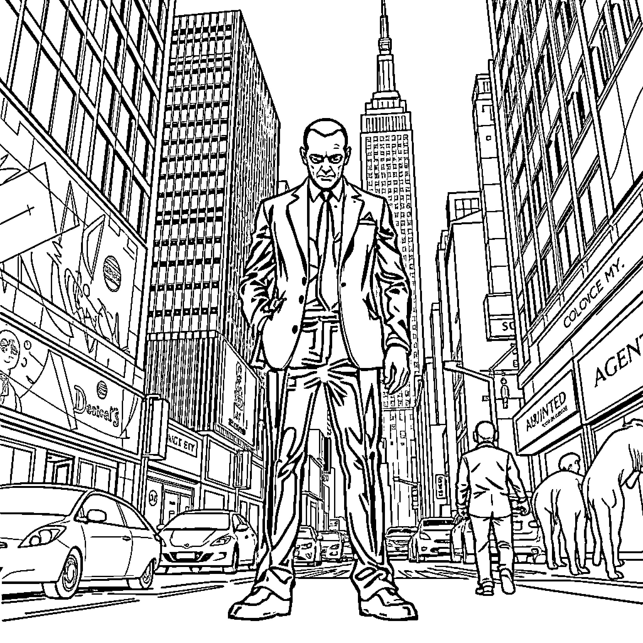 Agent 47 in a bustling city scene Coloring Page (free black-and-white line drawing printable PDF for all, from beginners to advanced learners, including children, teens, adults, and seniors)