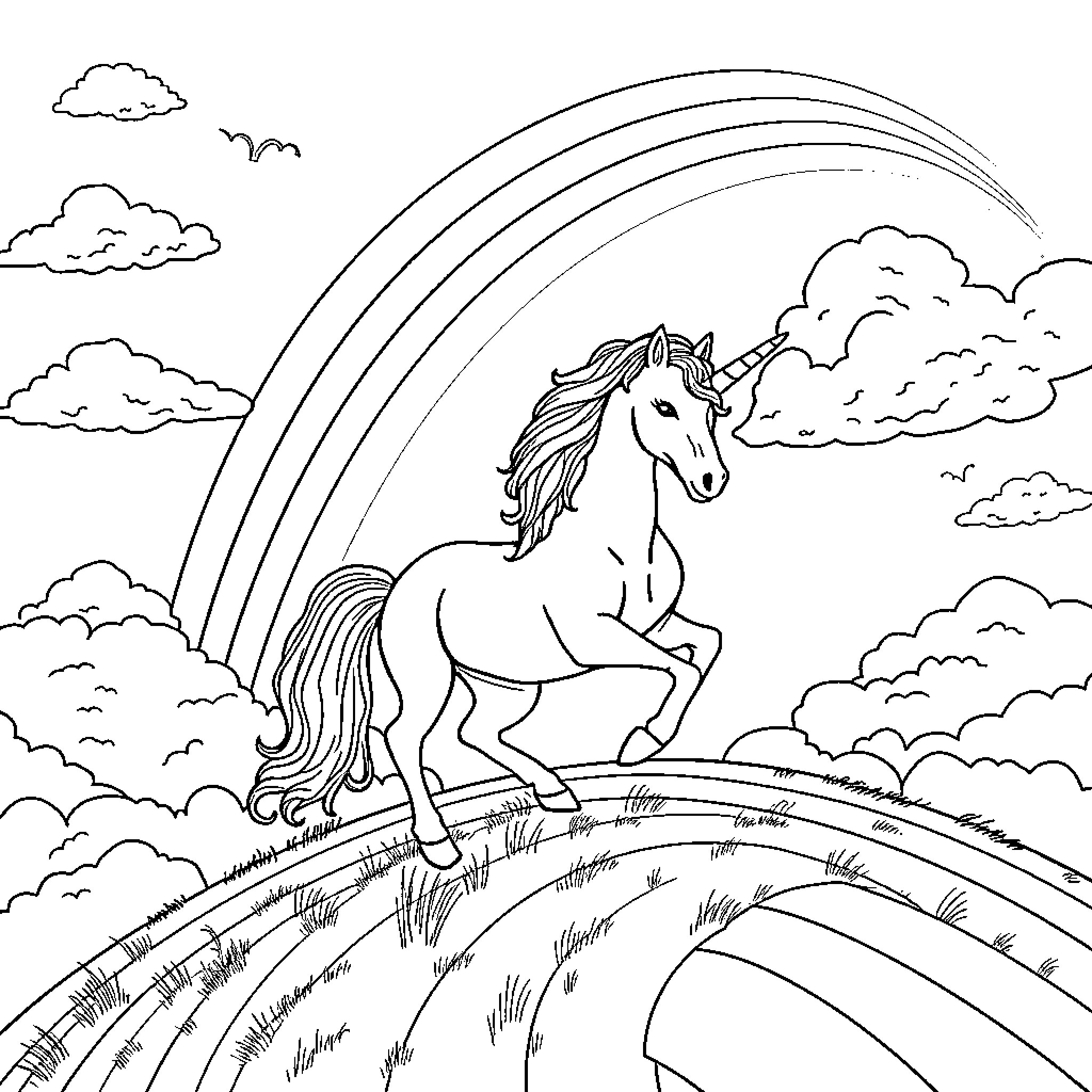 Unicorn running through a magical landscape with rainbows Coloring Page (free black-and-white line drawing printable PDF for all, from beginners to advanced learners, including children, teens, adults, and seniors)
