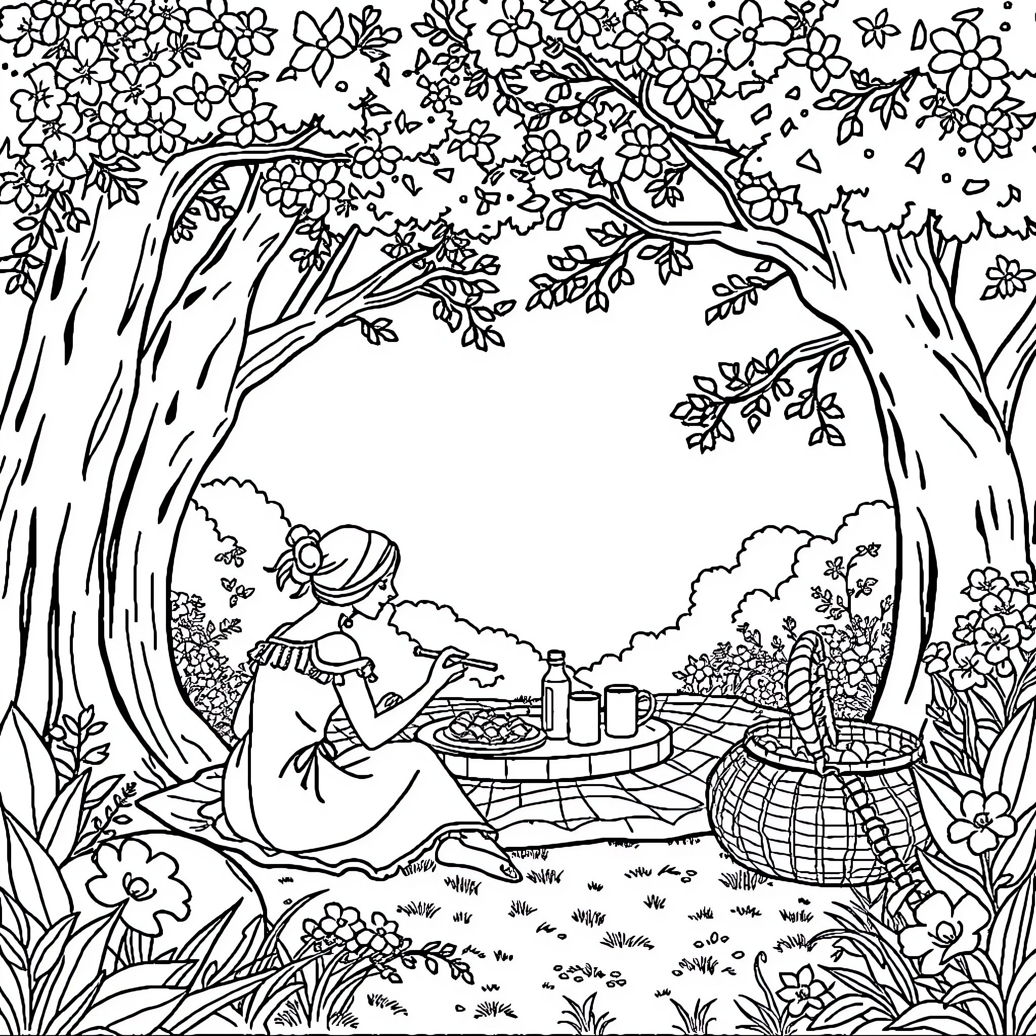 Hada's Floral Picnic Adventure Coloring Page (free black-and-white line drawing printable PDF for all, from beginners to advanced learners, including children, teens, adults, and seniors)