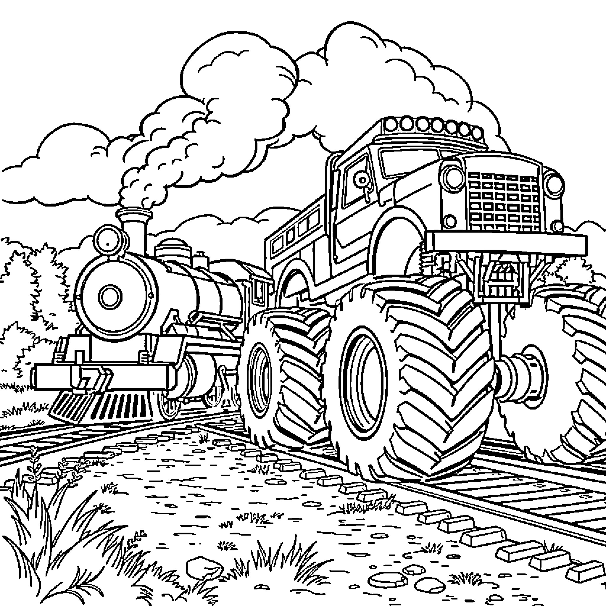 Train transporting large agricultural machinery through the countryside Coloring Page (free black-and-white line drawing printable PDF for all, from beginners to advanced learners, including children, teens, adults, and seniors)