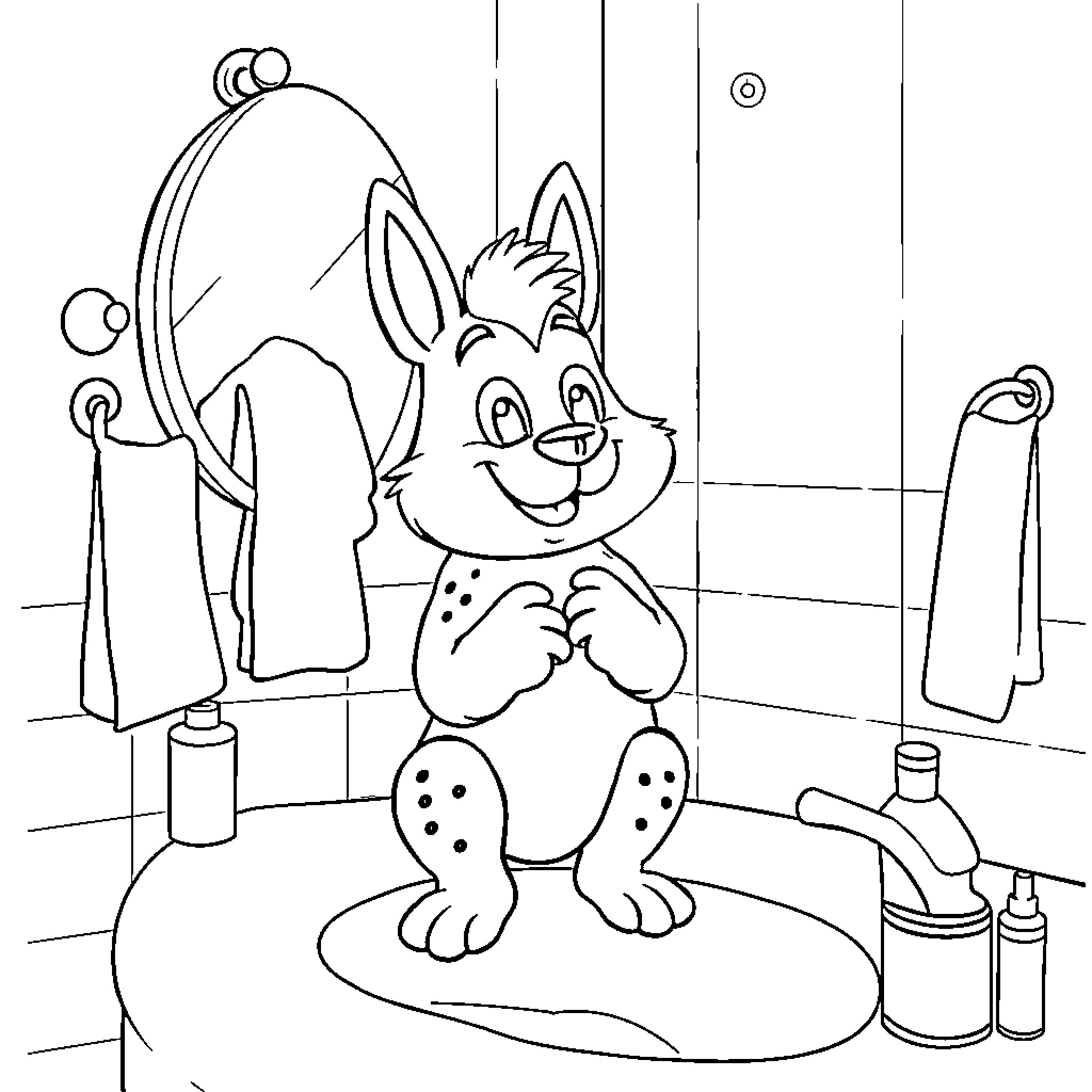 Tchoupi the character standing in a bathroom Coloring Page (free black-and-white line drawing printable PDF for all, from beginners to advanced learners, including children, teens, adults, and seniors)