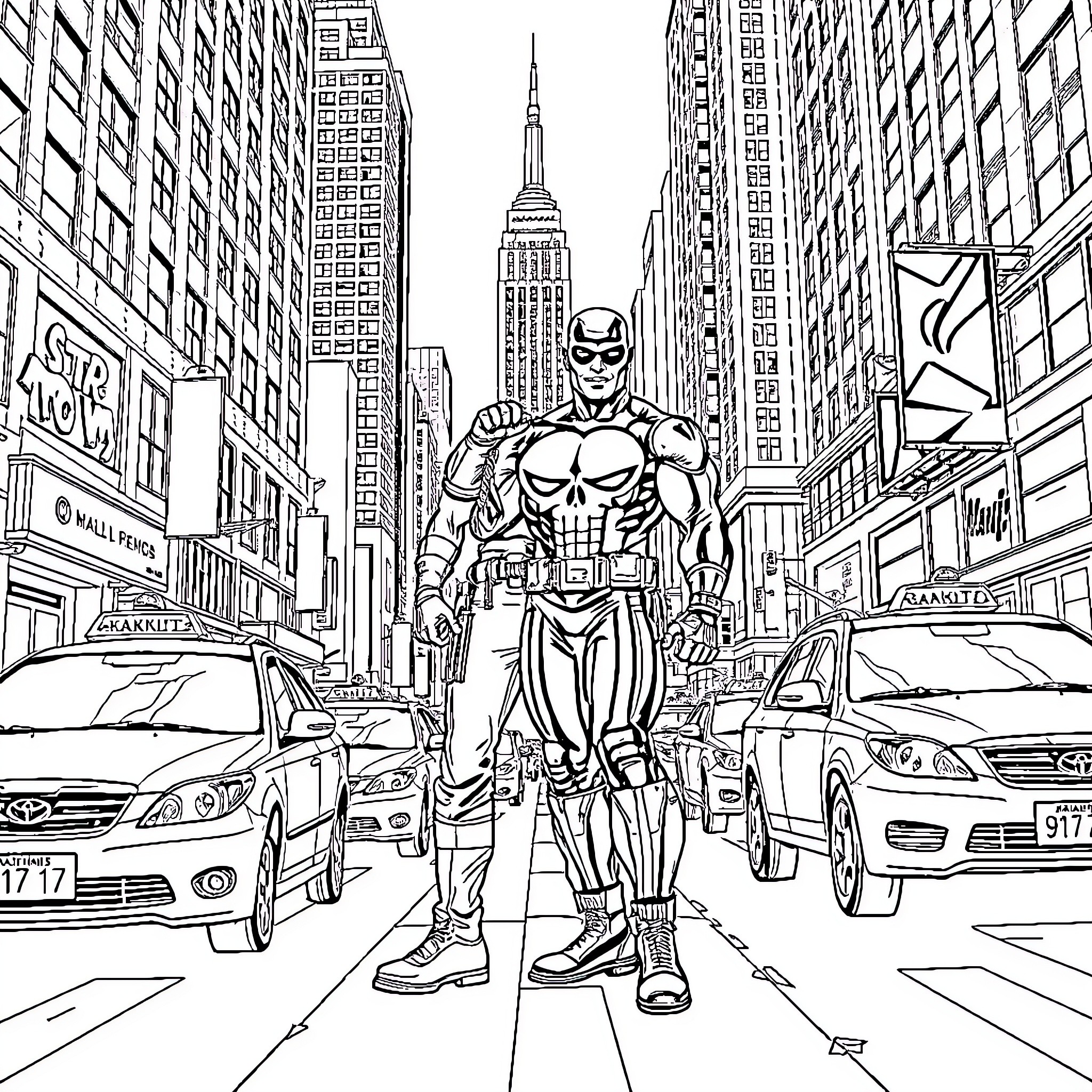 Gamit: Superhero in the City Streets Coloring Page (free black-and-white line drawing printable PDF for all, from beginners to advanced learners, including children, teens, adults, and seniors)
