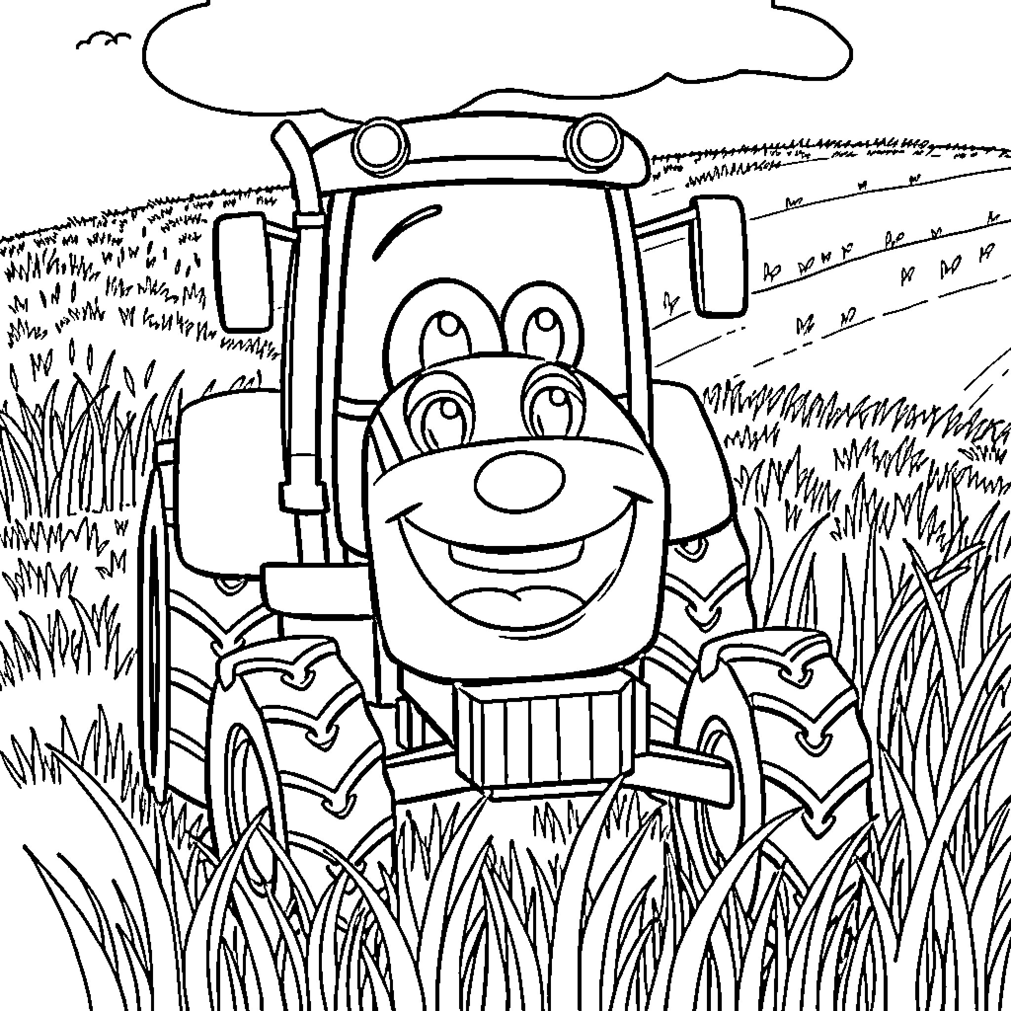 Tractor with a smiling face in a grassy field Coloring Page (free black-and-white line drawing printable PDF for all, from beginners to advanced learners, including children, teens, adults, and seniors)