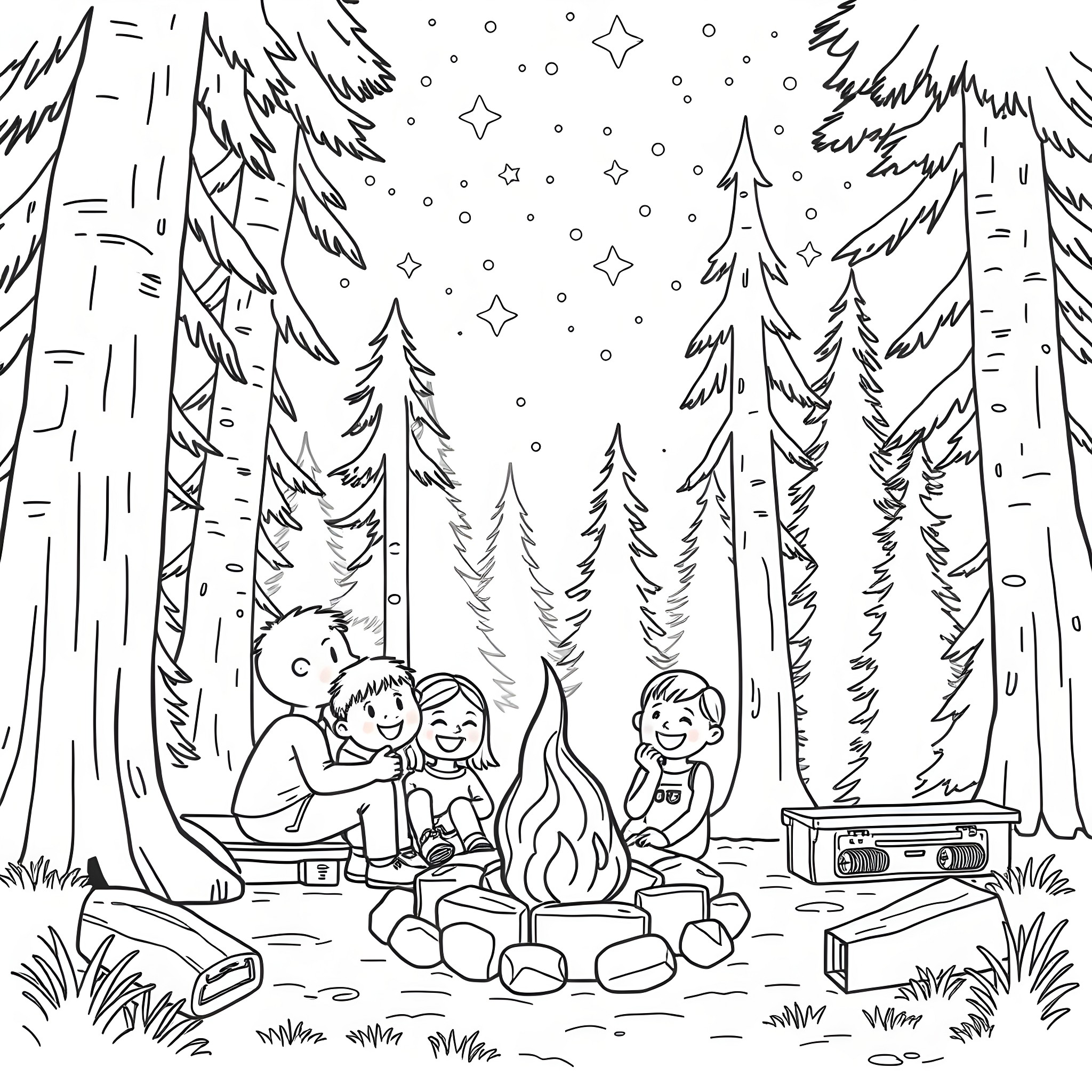 Family Enjoying Campfire in Snowy Forest Coloring Page (free black-and-white line drawing printable PDF for all, from beginners to advanced learners, including children, teens, adults, and seniors)