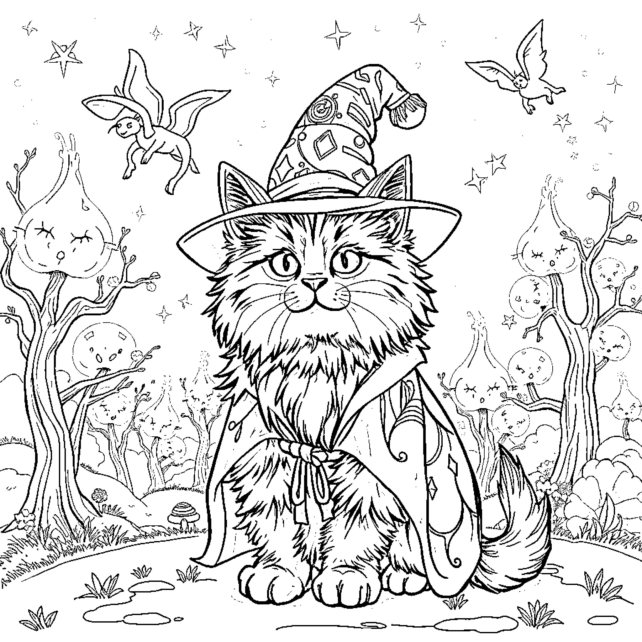 Wizard Cat Casting Magical Spells in Enchanted Forest Coloring Page (free black-and-white line drawing printable PDF for all, from beginners to advanced learners, including children, teens, adults, and seniors)