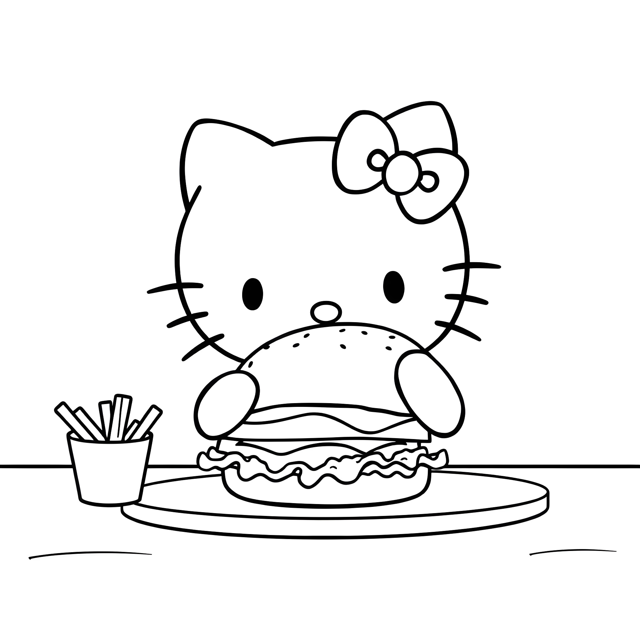 Hello Kitty enjoying a delicious hamburger Coloring Page (free black-and-white line drawing printable PDF for all, from beginners to advanced learners, including children, teens, adults, and seniors)
