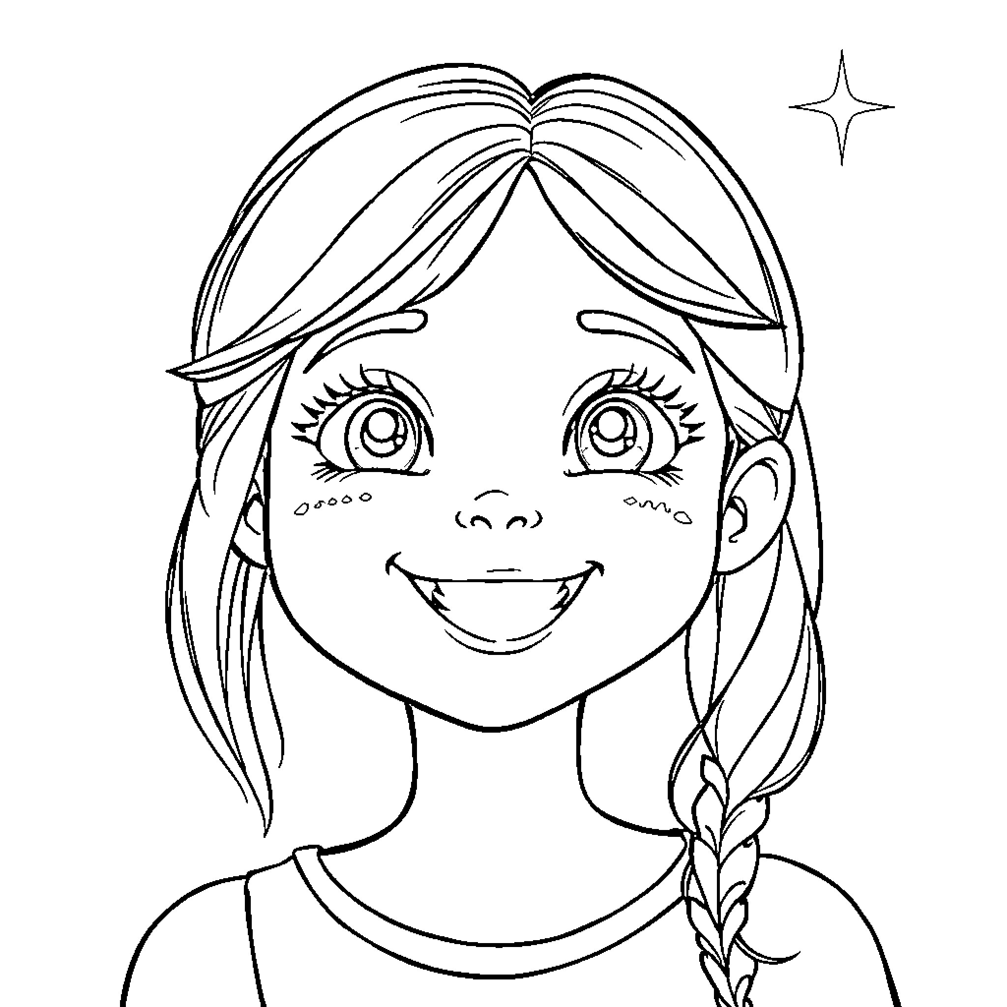 Girl with Smiling Face and Braided Hair Coloring Page (free black-and-white line drawing printable PDF for all, from beginners to advanced learners, including children, teens, adults, and seniors)