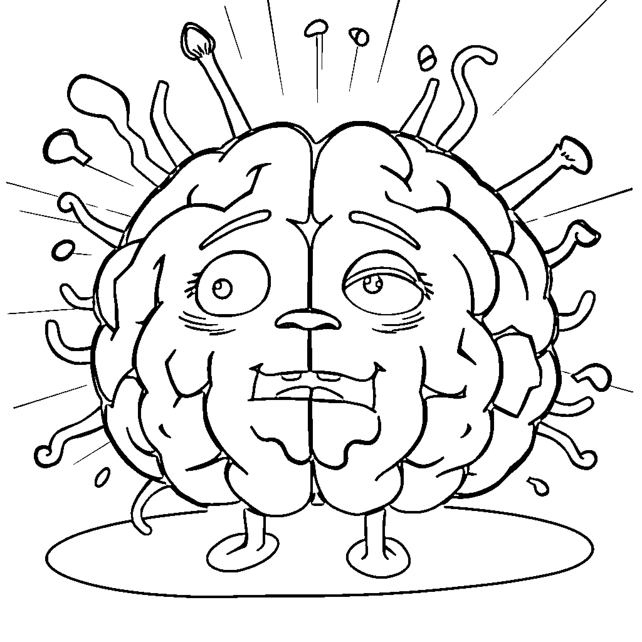 Brainrot: Bizarre Brain-Themed Illustration Coloring Page (free black-and-white line drawing printable PDF for all, from beginners to advanced learners, including children, teens, adults, and seniors)
