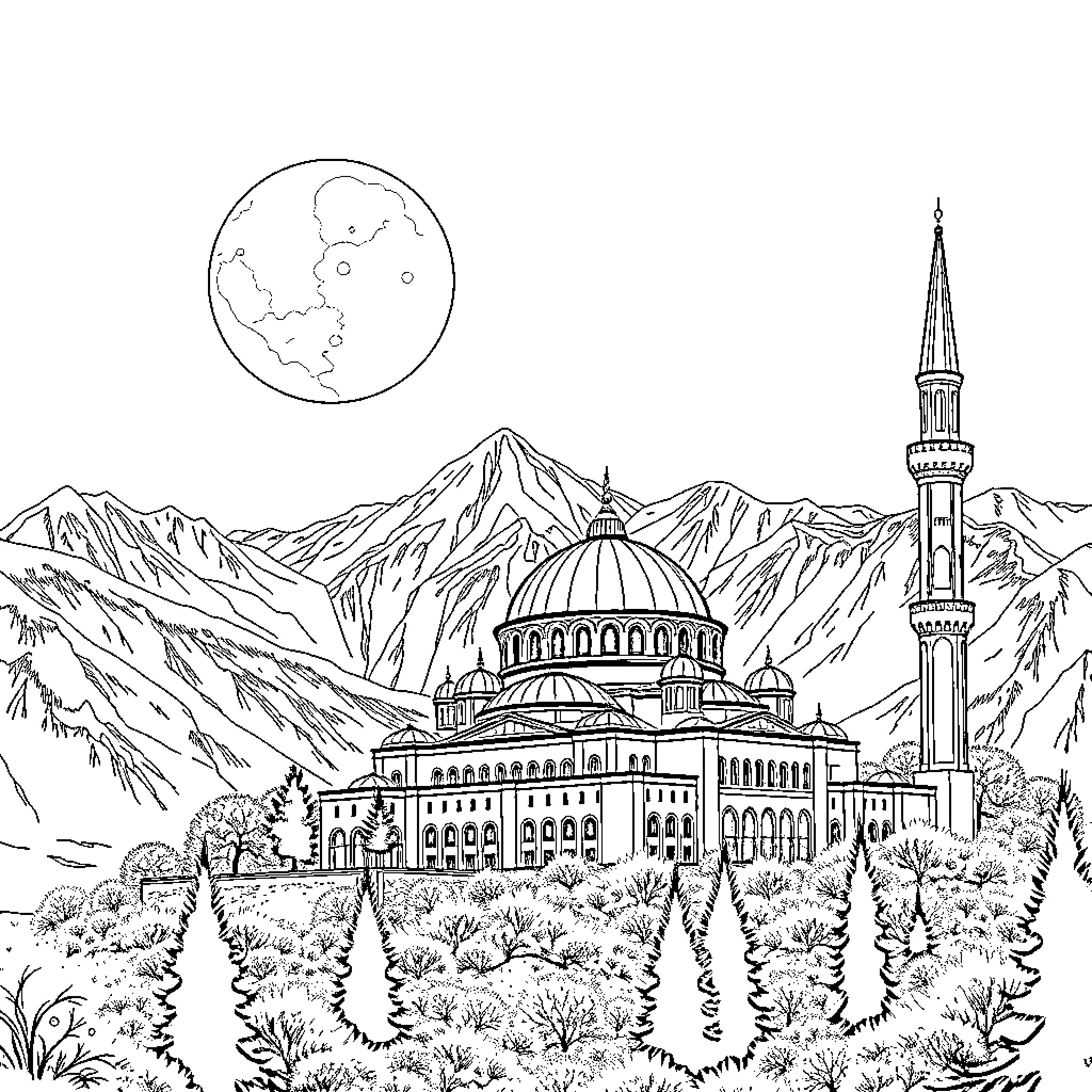 Mosque in a Mountainous Landscape Coloring Page (free black-and-white line drawing printable PDF for all, from beginners to advanced learners, including children, teens, adults, and seniors)