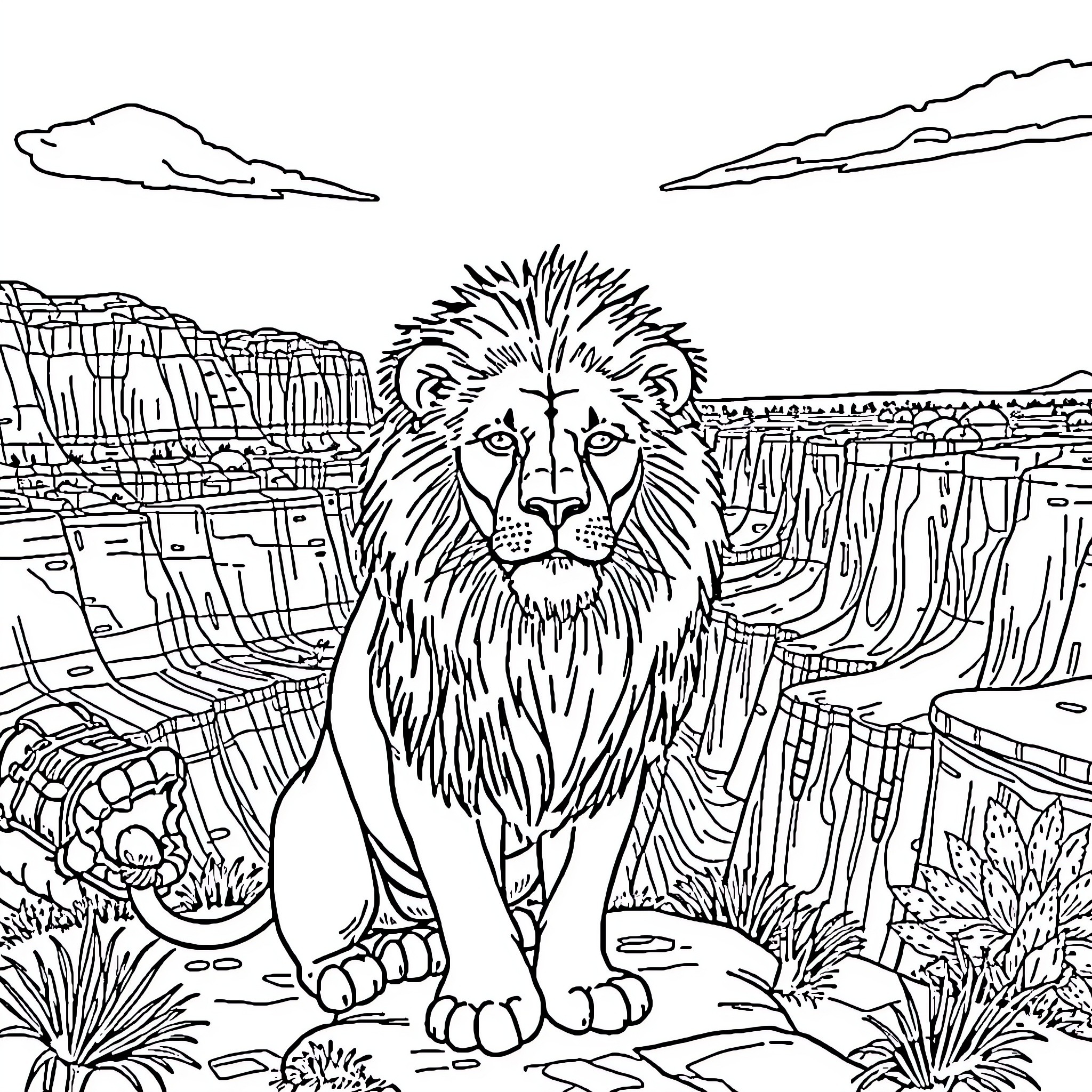 Lion resting majestically in wild savanna landscape Coloring Page (free black-and-white line drawing printable PDF for all, from beginners to advanced learners, including children, teens, adults, and seniors)