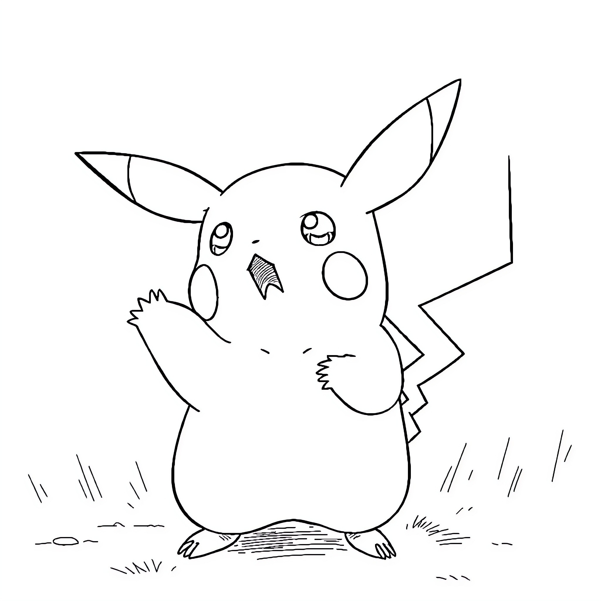 Pikachu in a playful and expressive pose Coloring Page (free black-and-white line drawing printable PDF for all, from beginners to advanced learners, including children, teens, adults, and seniors)