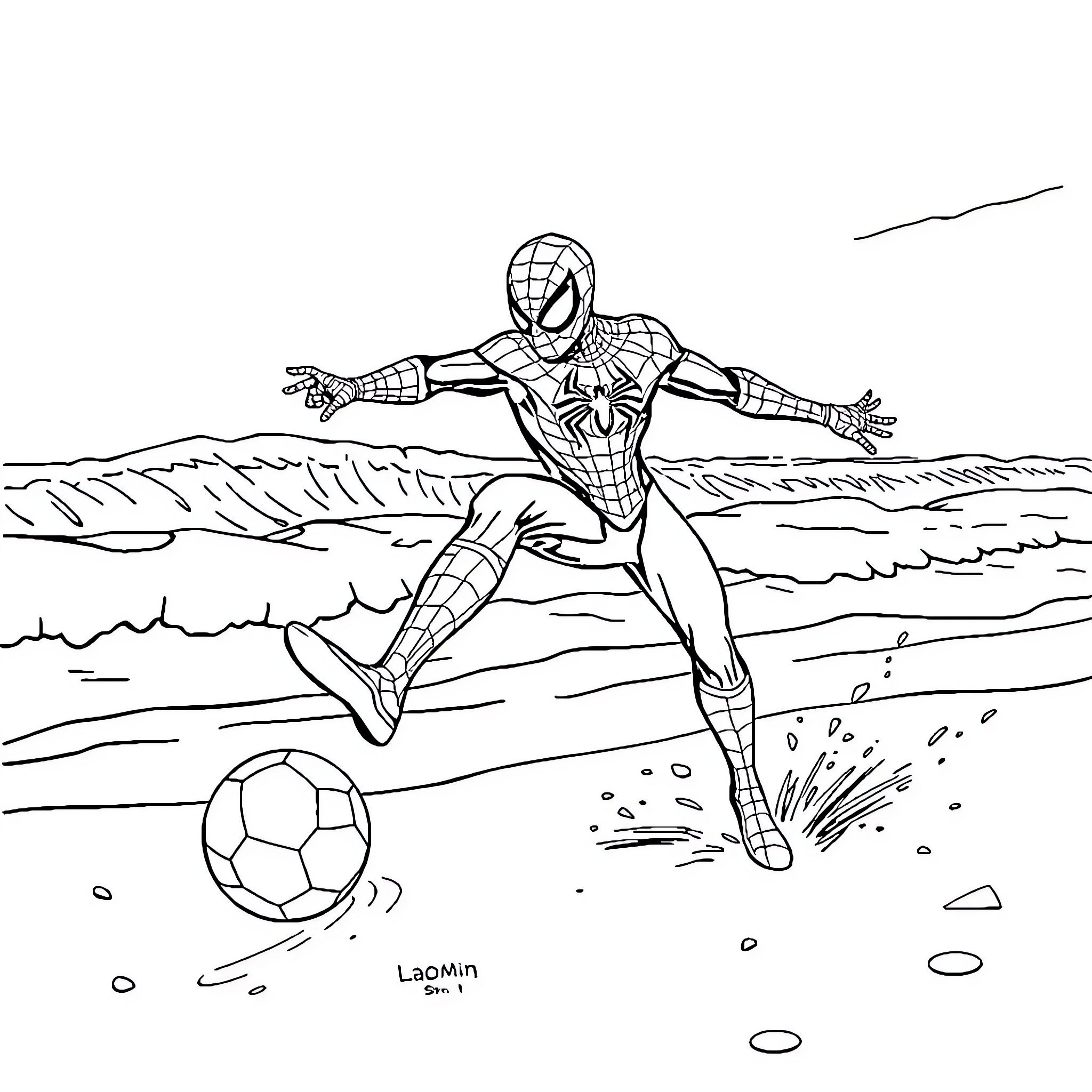 Spider-Man playing soccer on the beach Coloring Page (free black-and-white line drawing printable PDF for all, from beginners to advanced learners, including children, teens, adults, and seniors)