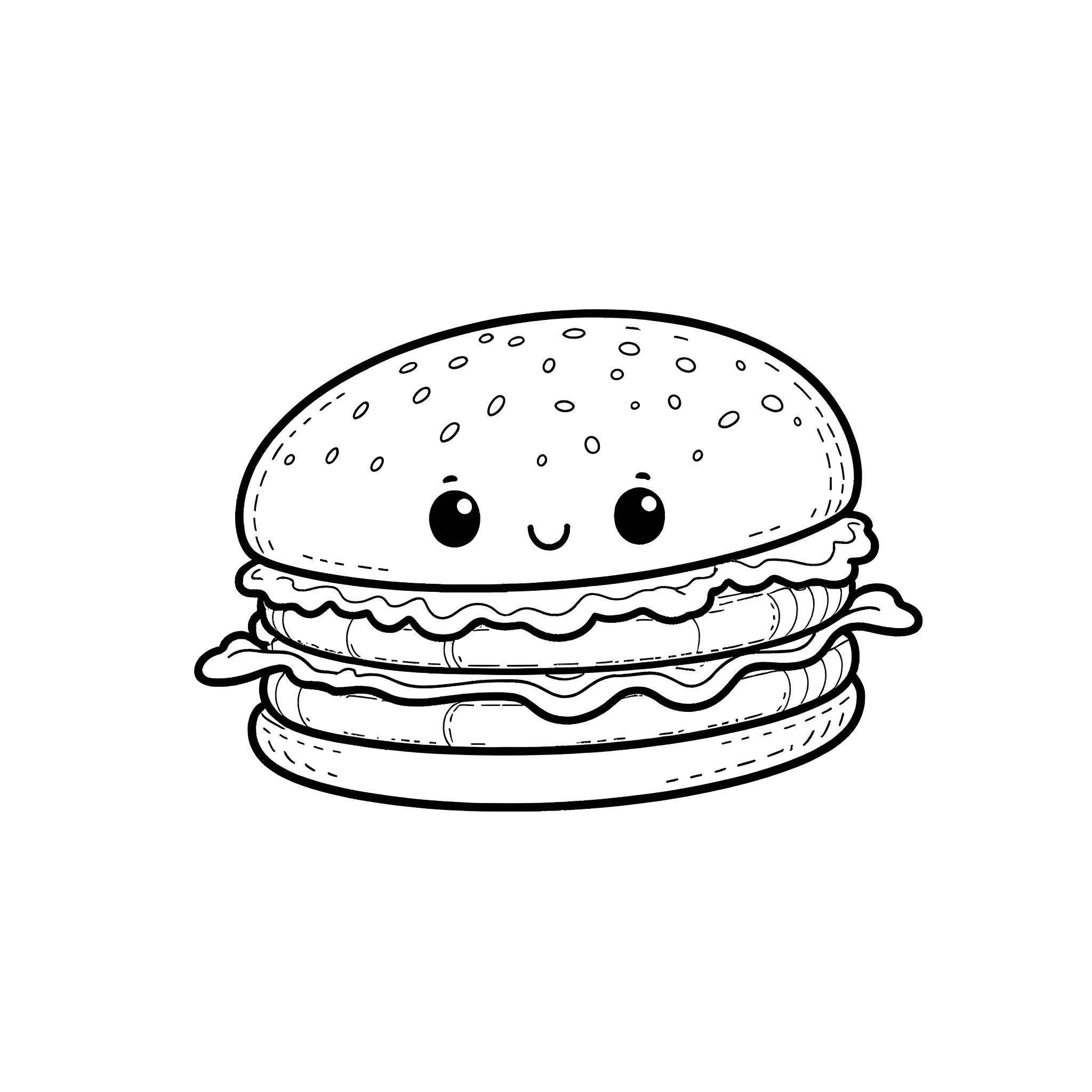 Hamburger with happy expression Coloring Page (free black-and-white line drawing printable PDF for all, from beginners to advanced learners, including children, teens, adults, and seniors)