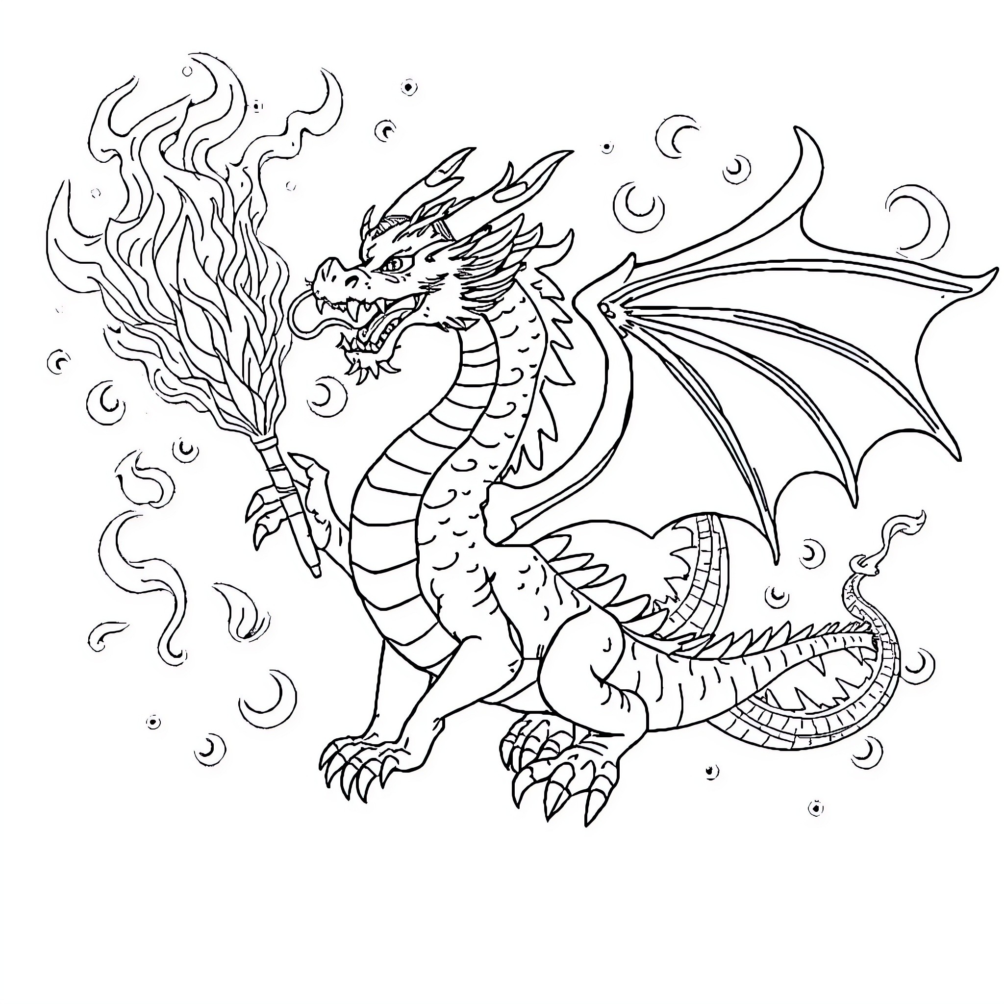 Dragon breathing fire in the night sky Coloring Page (free black-and-white line drawing printable PDF for all, from beginners to advanced learners, including children, teens, adults, and seniors)