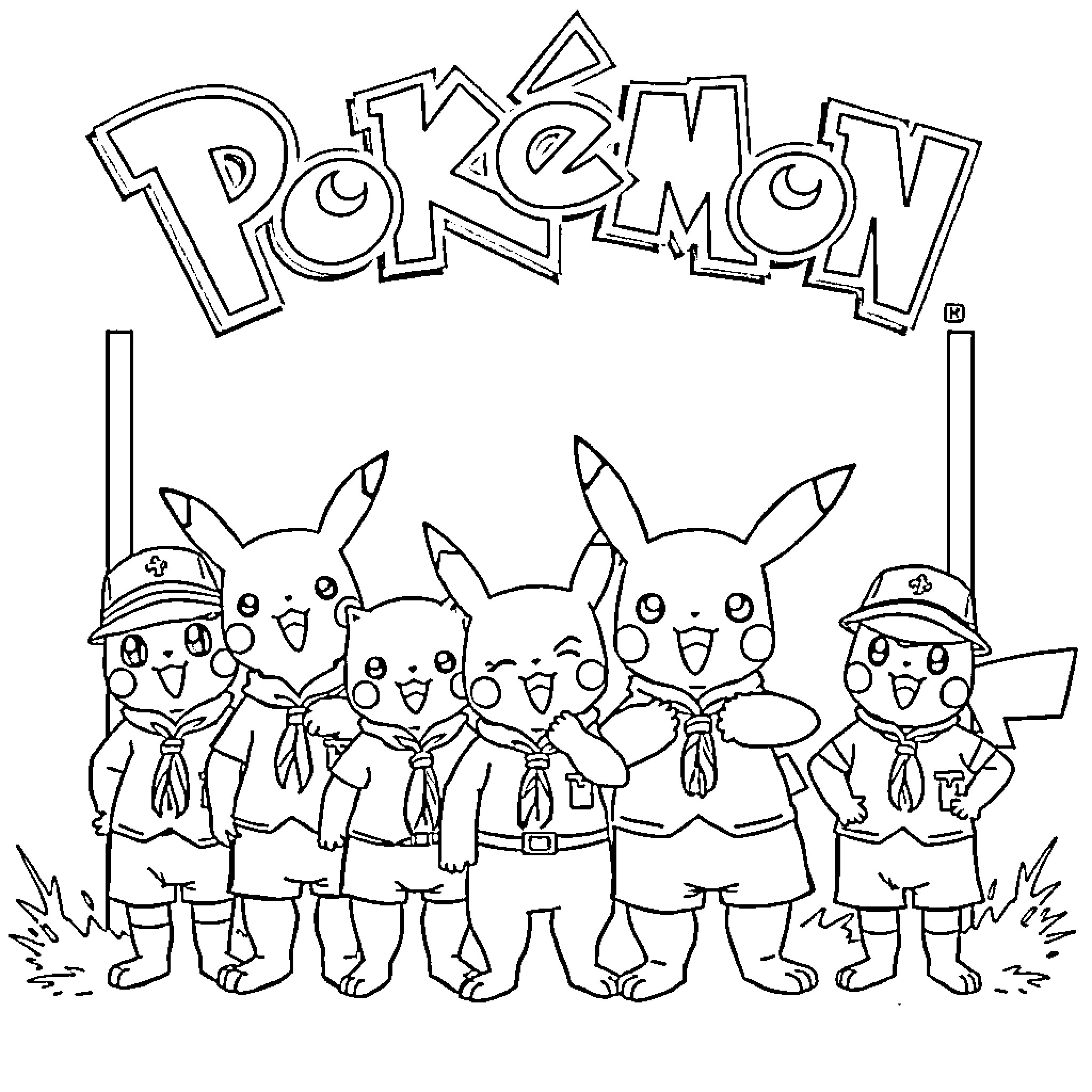 Pokémon characters in military-style uniforms Coloring Page (free black-and-white line drawing printable PDF for all, from beginners to advanced learners, including children, teens, adults, and seniors)