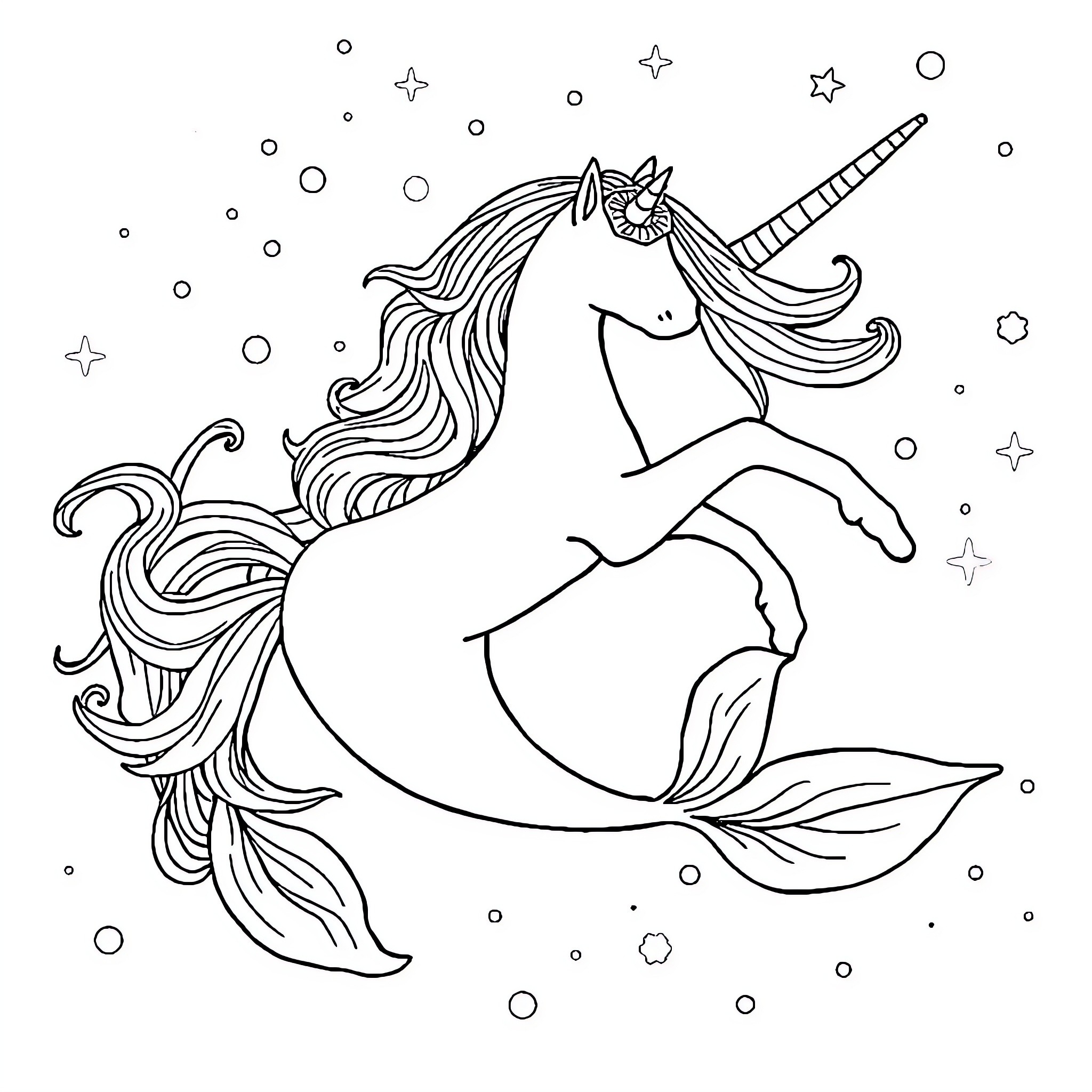 Unicorn swimming in the stars Coloring Page (free black-and-white line drawing printable PDF for all, from beginners to advanced learners, including children, teens, adults, and seniors)