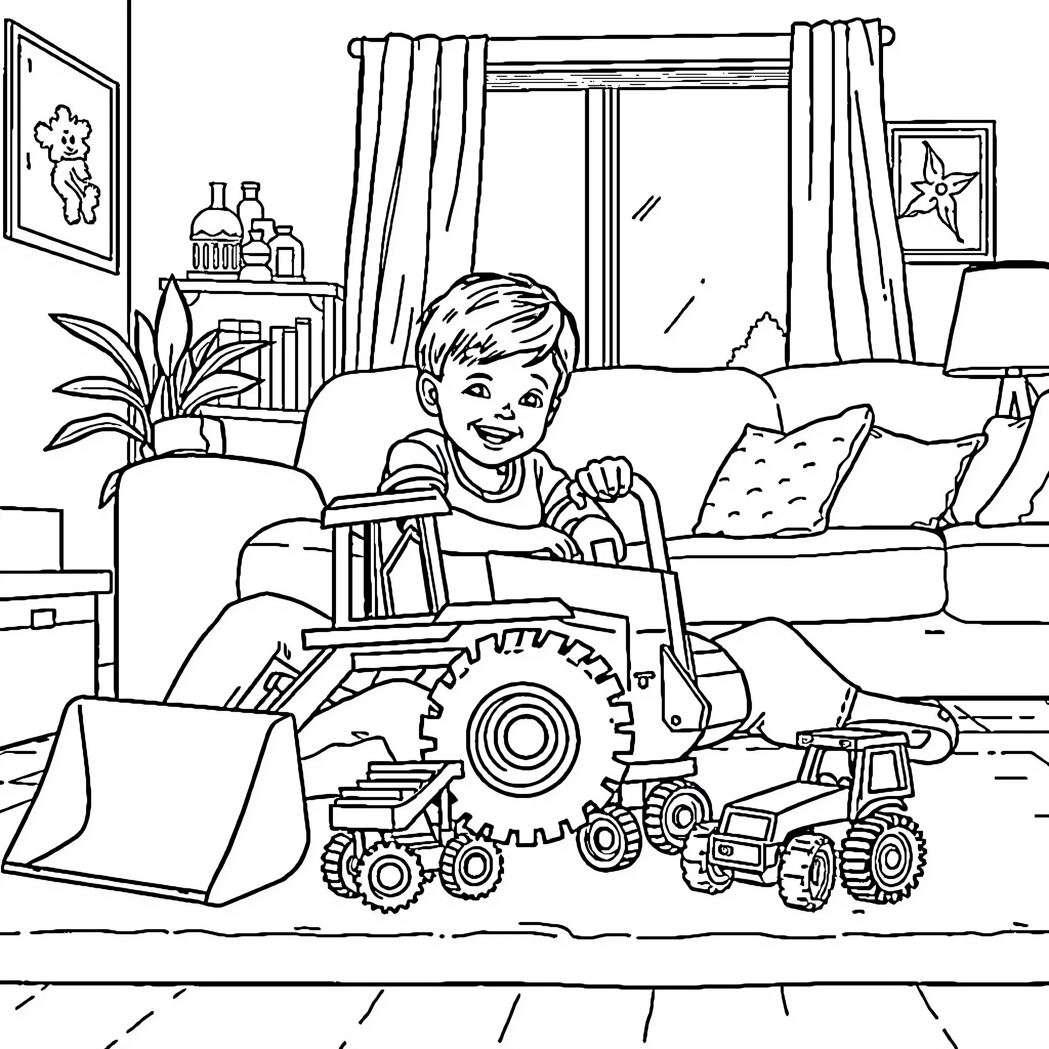 Bulldozer and boy playing with toy trucks in living room Coloring Page (free black-and-white line drawing printable PDF for all, from beginners to advanced learners, including children, teens, adults, and seniors)