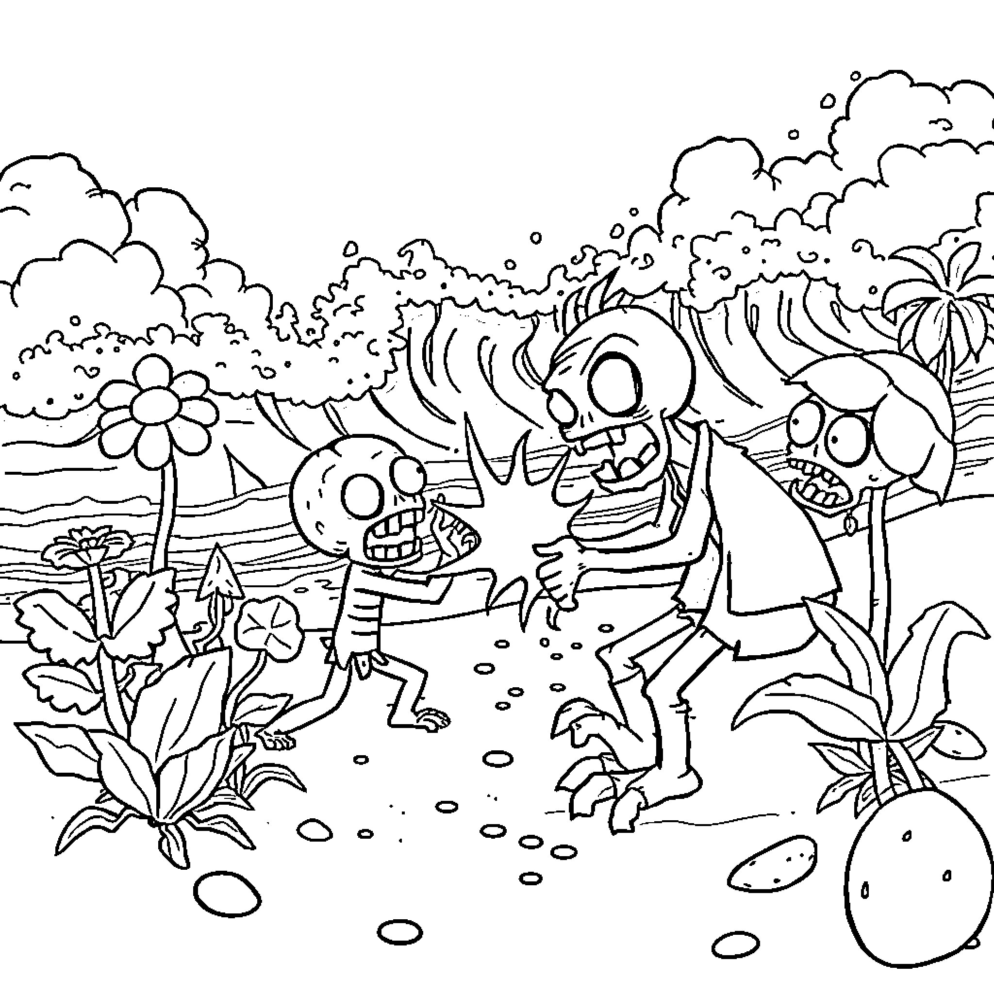 Plant creatures dancing in the jungle Coloring Page (free black-and-white line drawing printable PDF for all, from beginners to advanced learners, including children, teens, adults, and seniors)