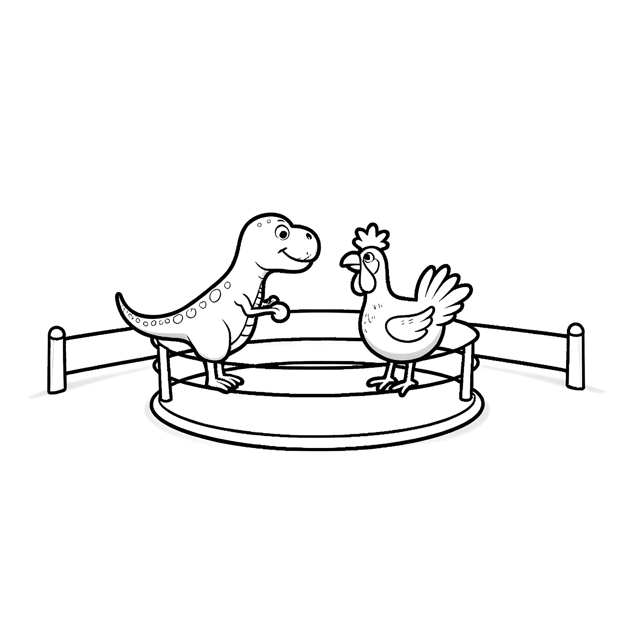 Dinosaur and chicken on a seesaw Coloring Page (free black-and-white line drawing printable PDF for all, from beginners to advanced learners, including children, teens, adults, and seniors)