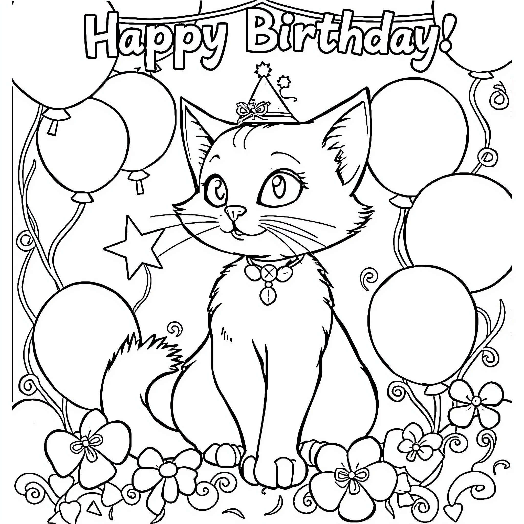 Marie's Joyful Birthday Celebration with Kittens and Balloons Coloring Page (free black-and-white line drawing printable PDF for all, from beginners to advanced learners, including children, teens, adults, and seniors)