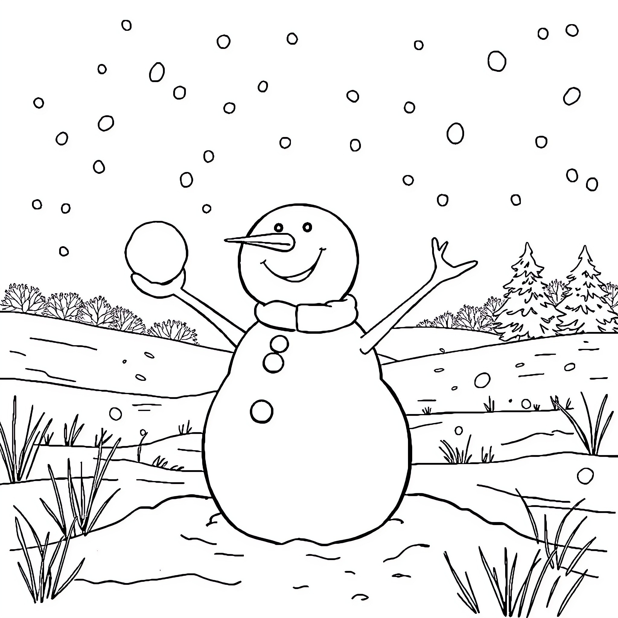 Frosty the Joyful Snowman's Winter Wonderland Coloring Page (free black-and-white line drawing printable PDF for all, from beginners to advanced learners, including children, teens, adults, and seniors)